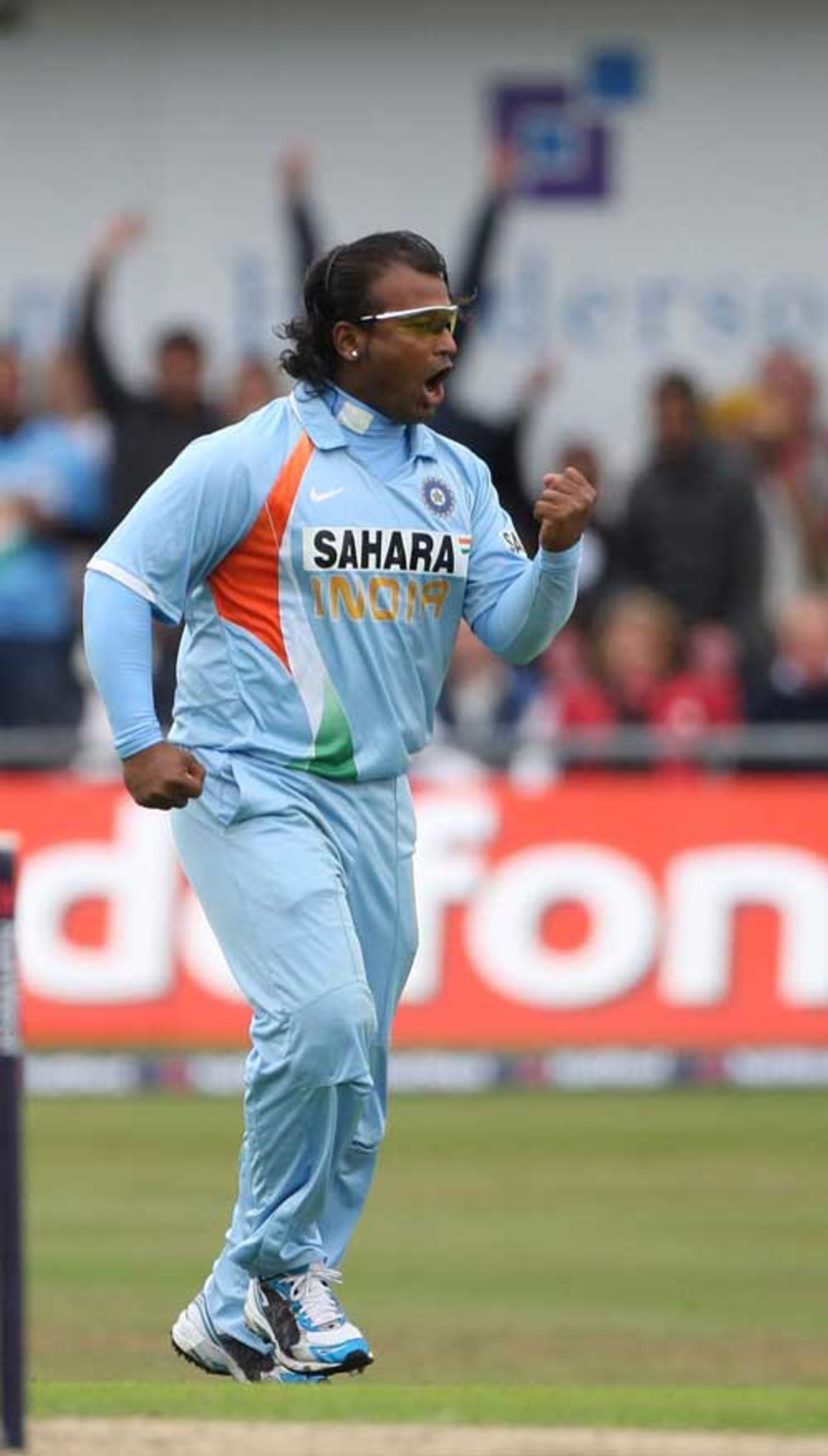 Ramesh Powar of India celebrates the wicket of Owais Shah of England during the fifth NatWest One Day International between England and India at Headingley on September 2, 2007 in Leeds, England