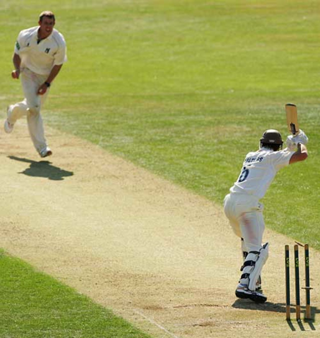 Stewart Walters forgets to use his bat against James Anyon, Warwickshire v Surrey, County Championship, Edgbaston, September 7, 2007
