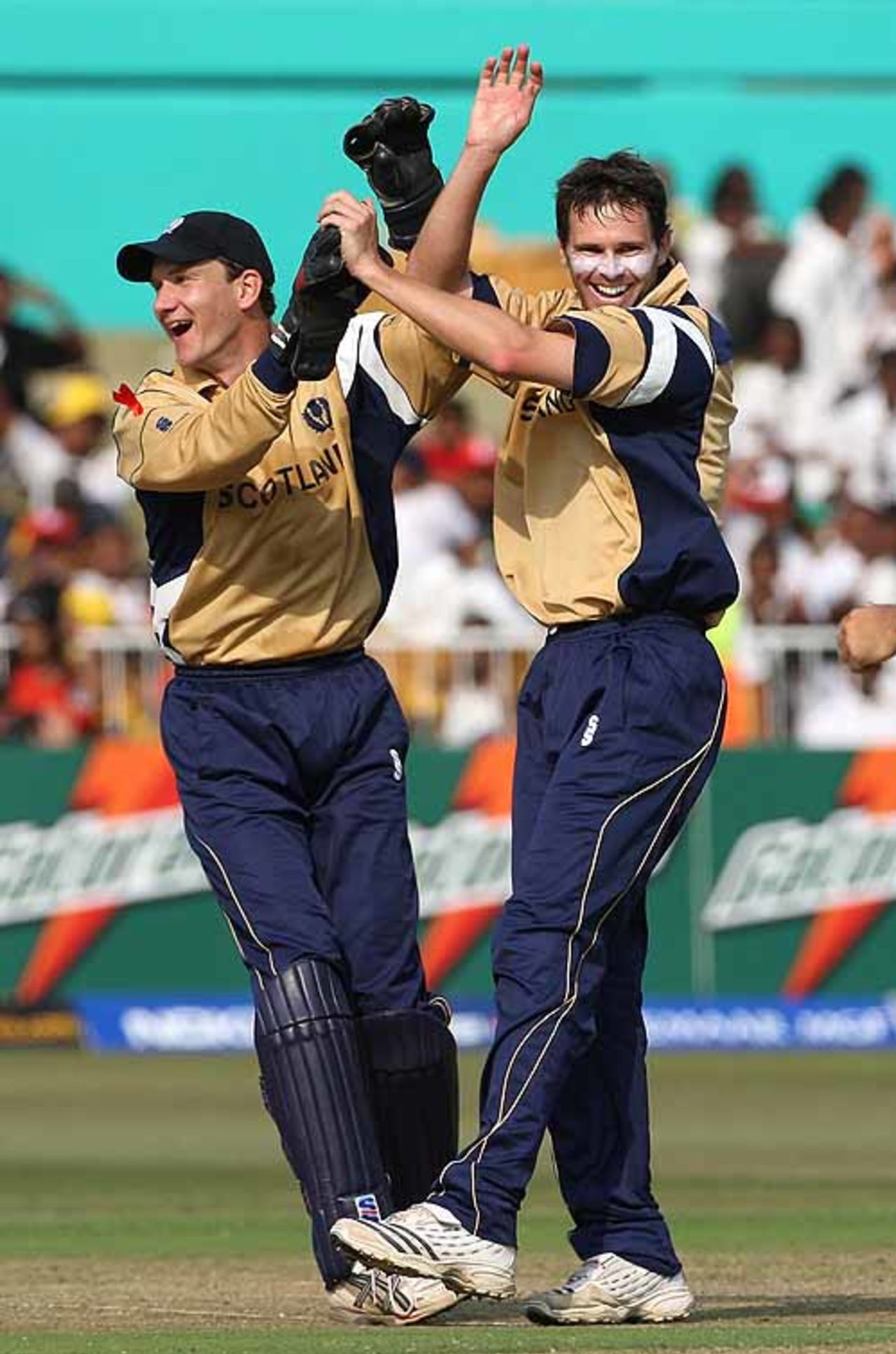 Craig Wright and Colin Smith celebrate the wicket of Shahid Afridi, Pakistan v Scotland, Group D, ICC World Twenty20, Durban, September 12, 2007