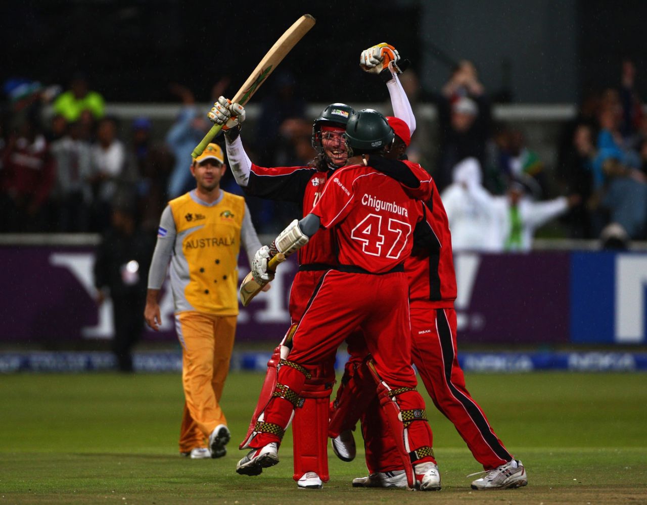 Ricky Ponting watches on as Brendan Taylor and Elton Chigumbura celebrate their shock victory, Australia v Zimbabwe, Group B, ICC World Twenty20, Cape Town, September 12, 2007