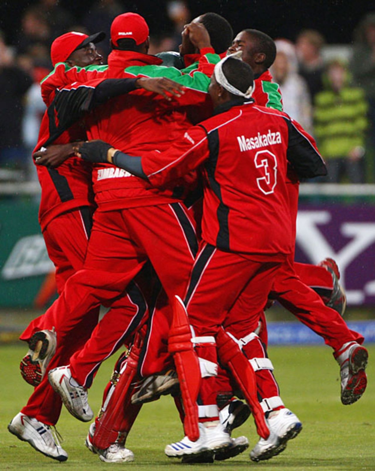 An ecstatic Zimbabwe side after their five-wicket win over Australia, Australia v Zimbabwe, ICC World Twenty20, Group B, Cape Town, September 12, 2007