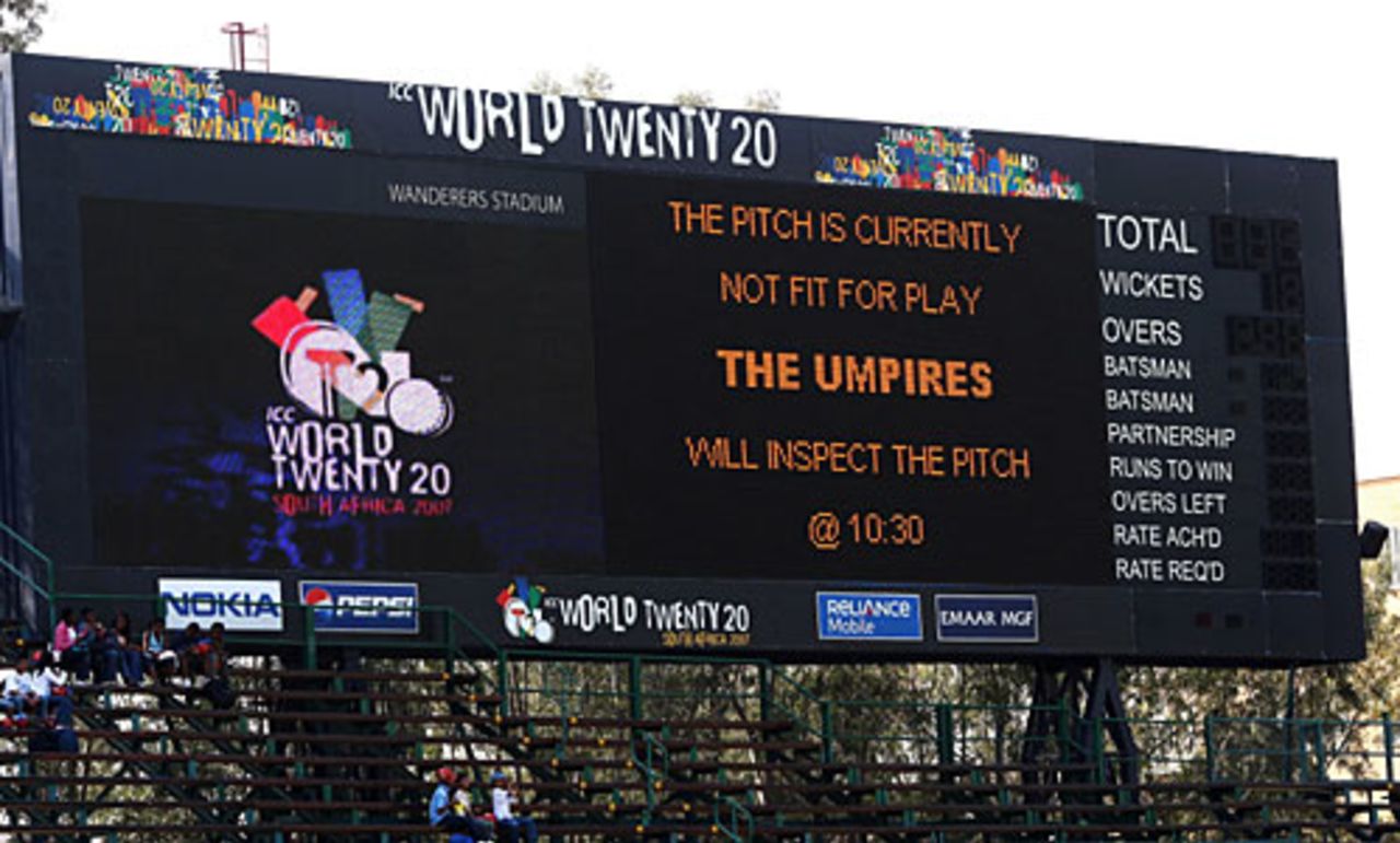 The electronic scoreboard informs spectators of a delayed start, Bangladesh v West Indies, Group A, ICC World Twenty20, Johannesburg, September 13, 2007