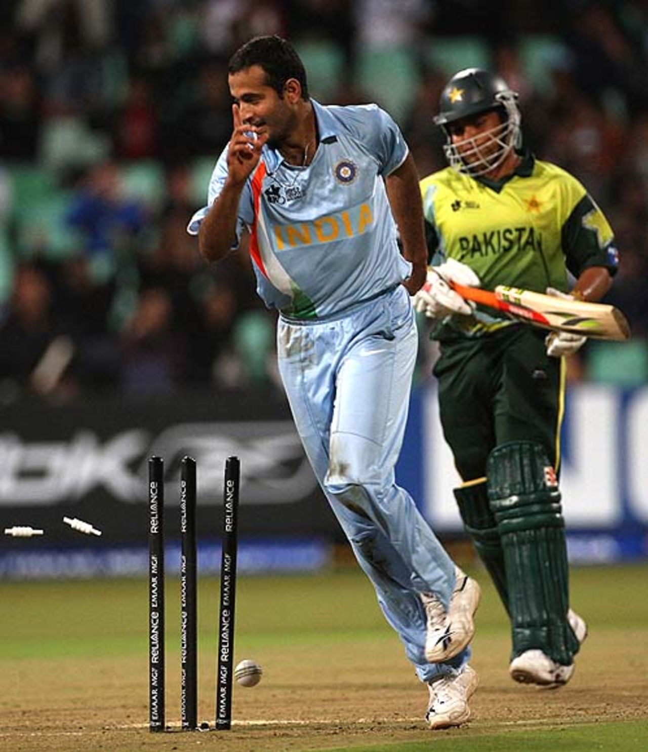 Irfan Pathan rejoices after Kamran Akmal is run-out by a direct throw from Yuvraj Singh, India v Pakistan, Group D, ICC World Twenty20, Durban, September 14, 2007 