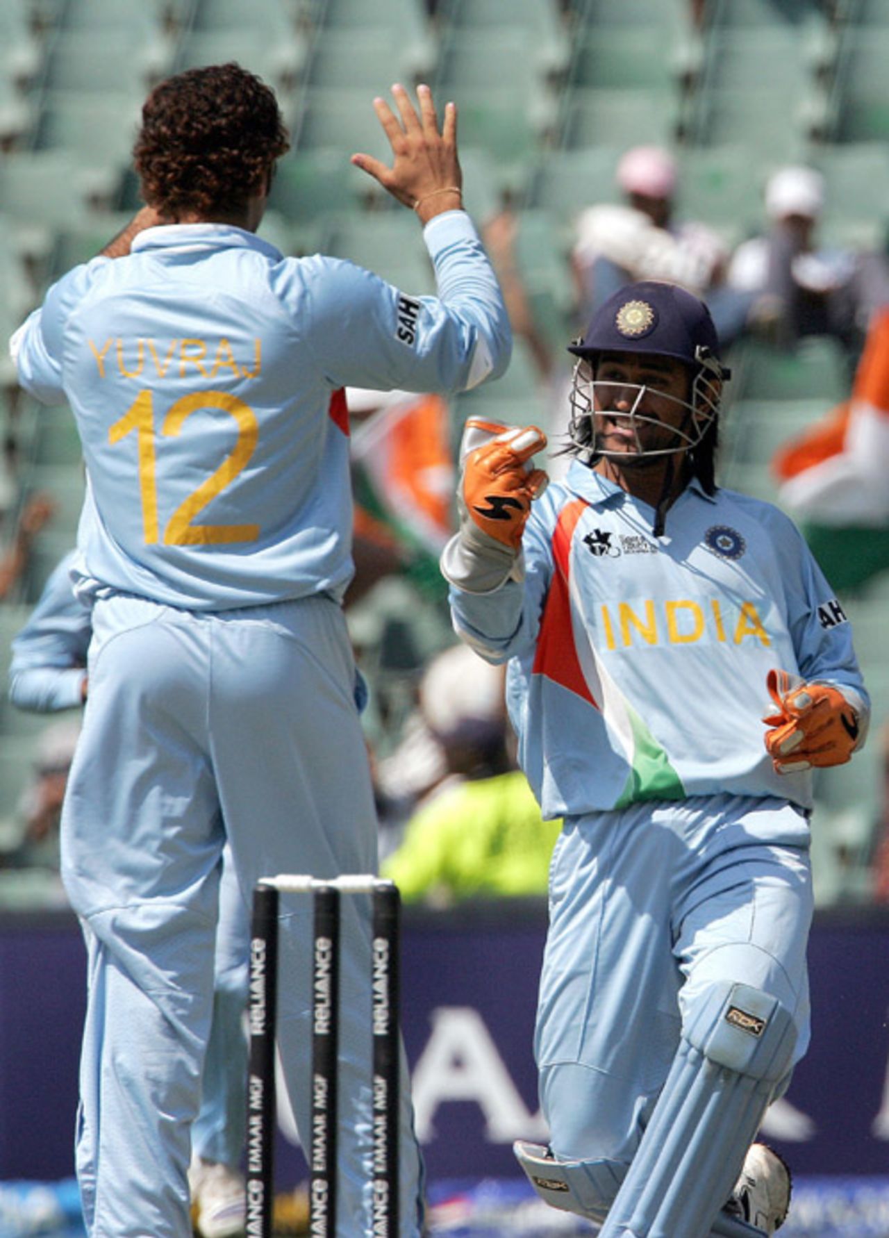 Yuvraj Singh and Mahendra Singh Dhoni celebrate Ross Taylor's dismissal, India v New Zealand, Group E, ICC World Twenty20, Johannesburg, September 16, 2007
