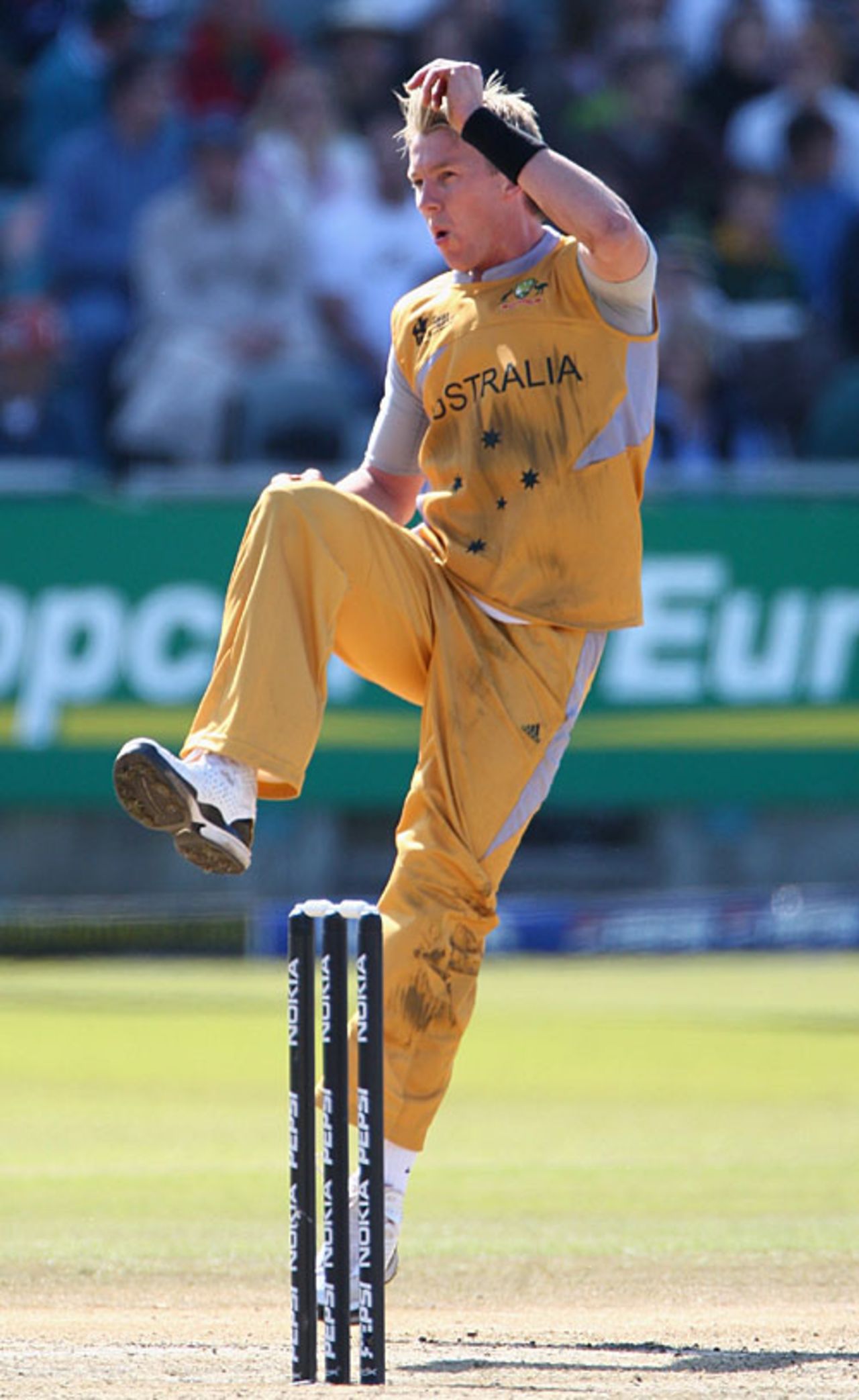 Brett Lee celebrates Shakib Al Hasan's wicket, the first of his hat-trick, Australia v Bangladesh, Group F, ICC World Twenty20, Cape Town, September 16, 2007
