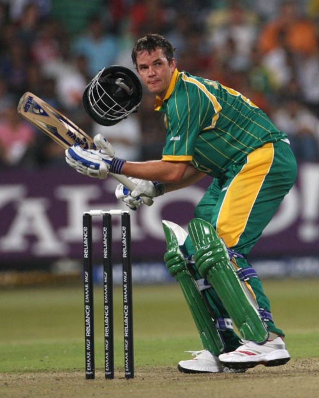 Albie Morkel's helmet was knocked off by a bouncer from Joginder Sharma, India v South Africa, Group E, ICC World Twenty20, Durban, September 20, 2007