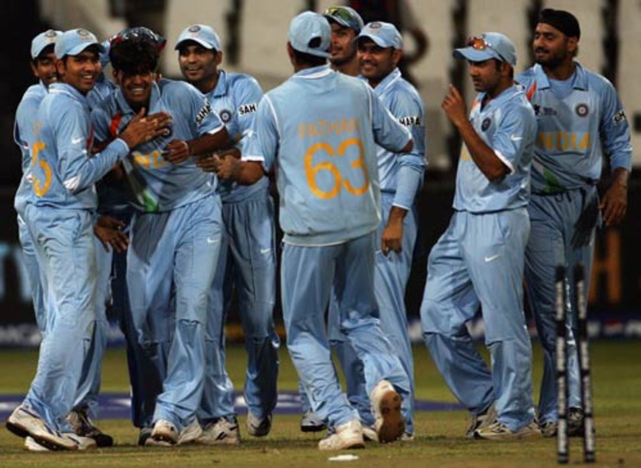 Indian players celebrate the dismissal of Shaun Pollock ,India v South Africa, Group E, ICC World Twenty20, Durban, September 20, 2007