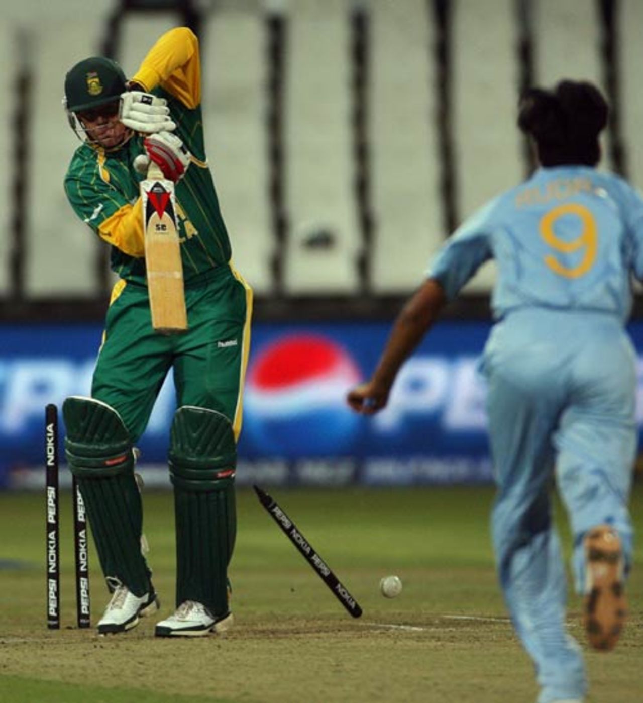 RP Singh uproots Shaun Pollock's leg stump with an inswinger from round the stumps, India v South Africa, Group E, ICC World Twenty20, Durban, September 20, 2007