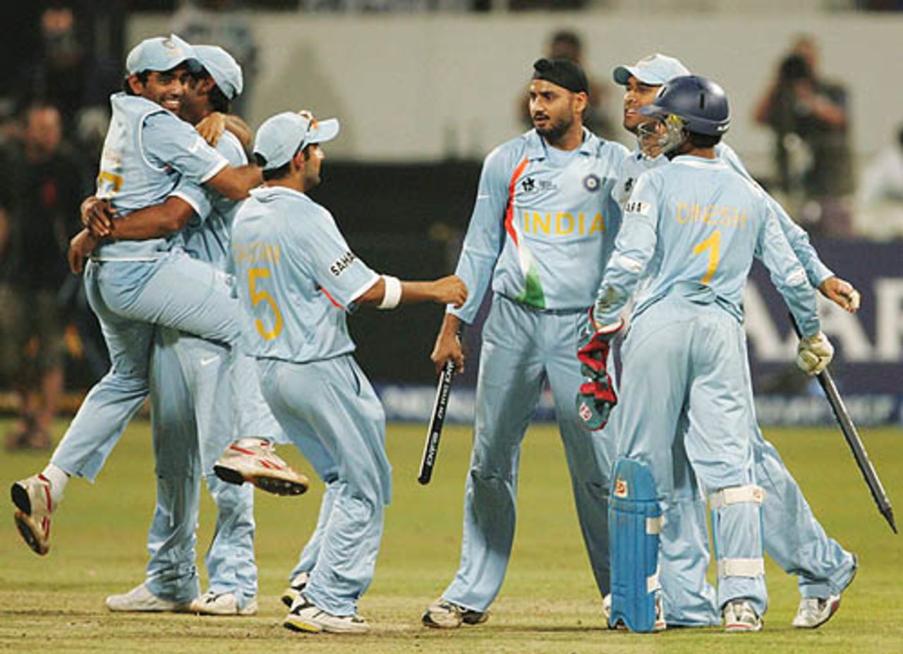 The Indian players savour the moment after clinching a semi-final slot, India v South Africa, Group E, ICC World Twenty20, Durban, September 20, 2007