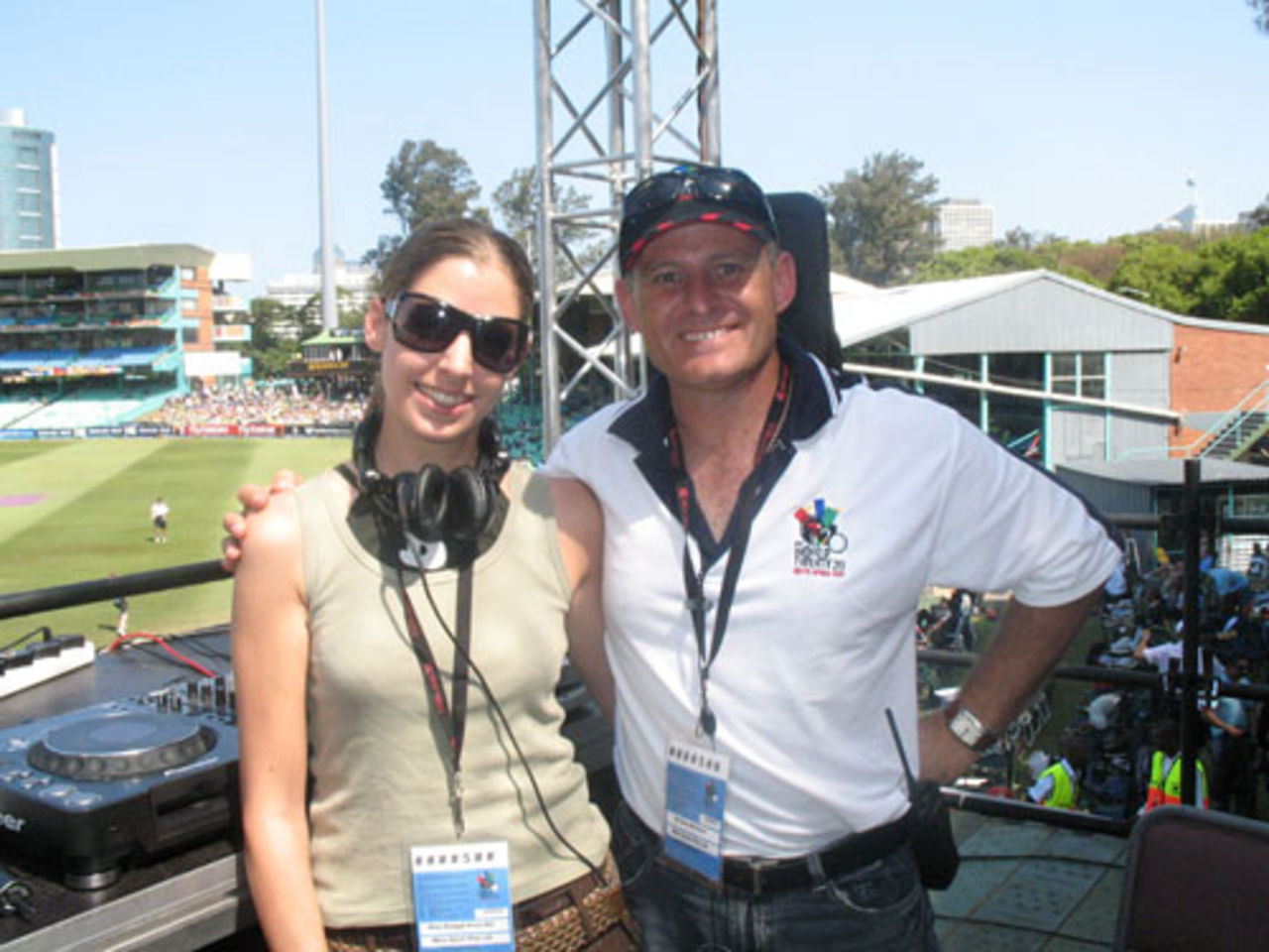 The DJ-announcer combination that has been rocking the Kingsmead
cricket ground: Bridget Anne Nel, better known as Funky B, and Dave
MacLeod, the director of Gameplan Media, Durban, September 21, 2007