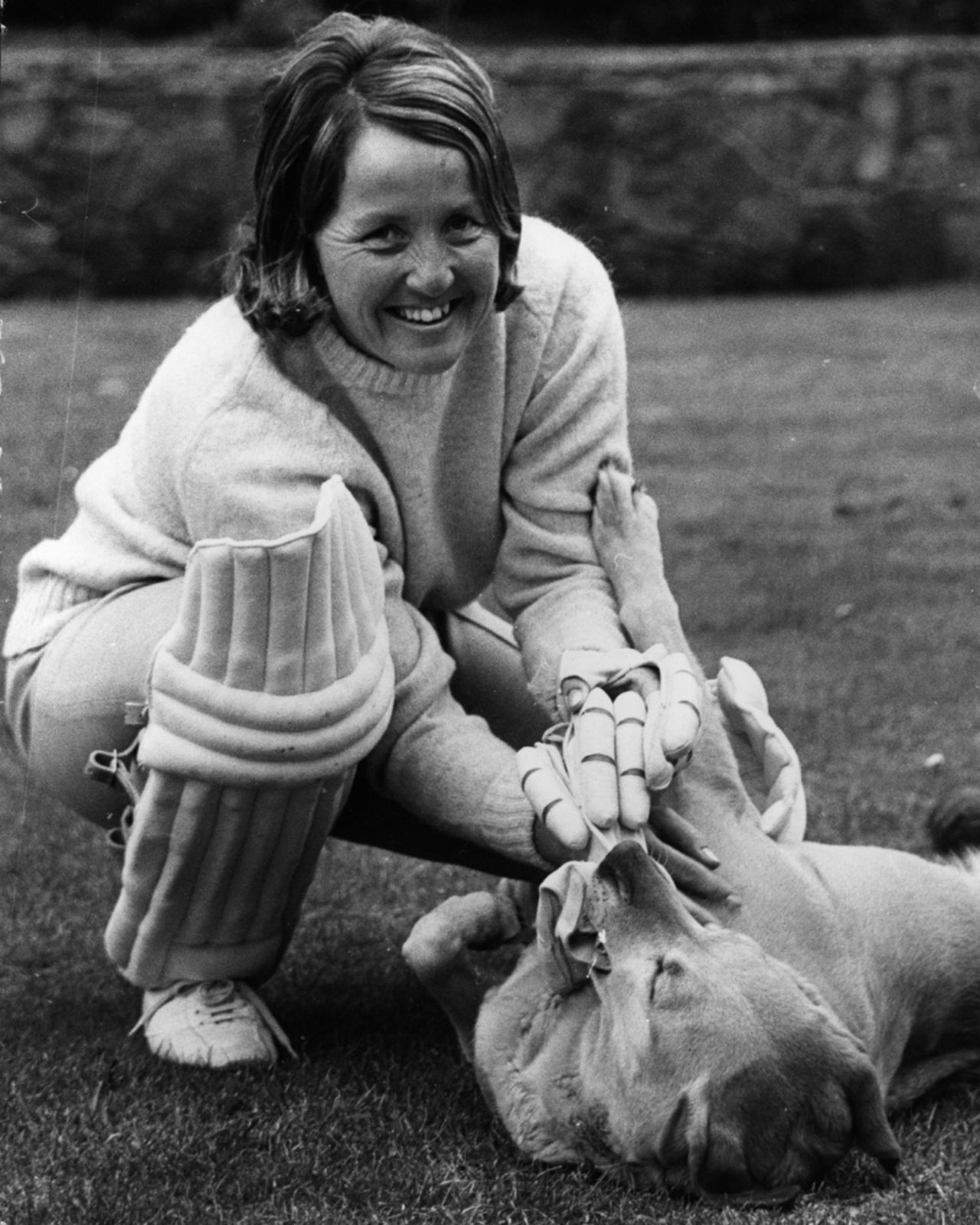 Rachael Heyhoe-Flint at home with her family's pet labrador, April 12, 1973