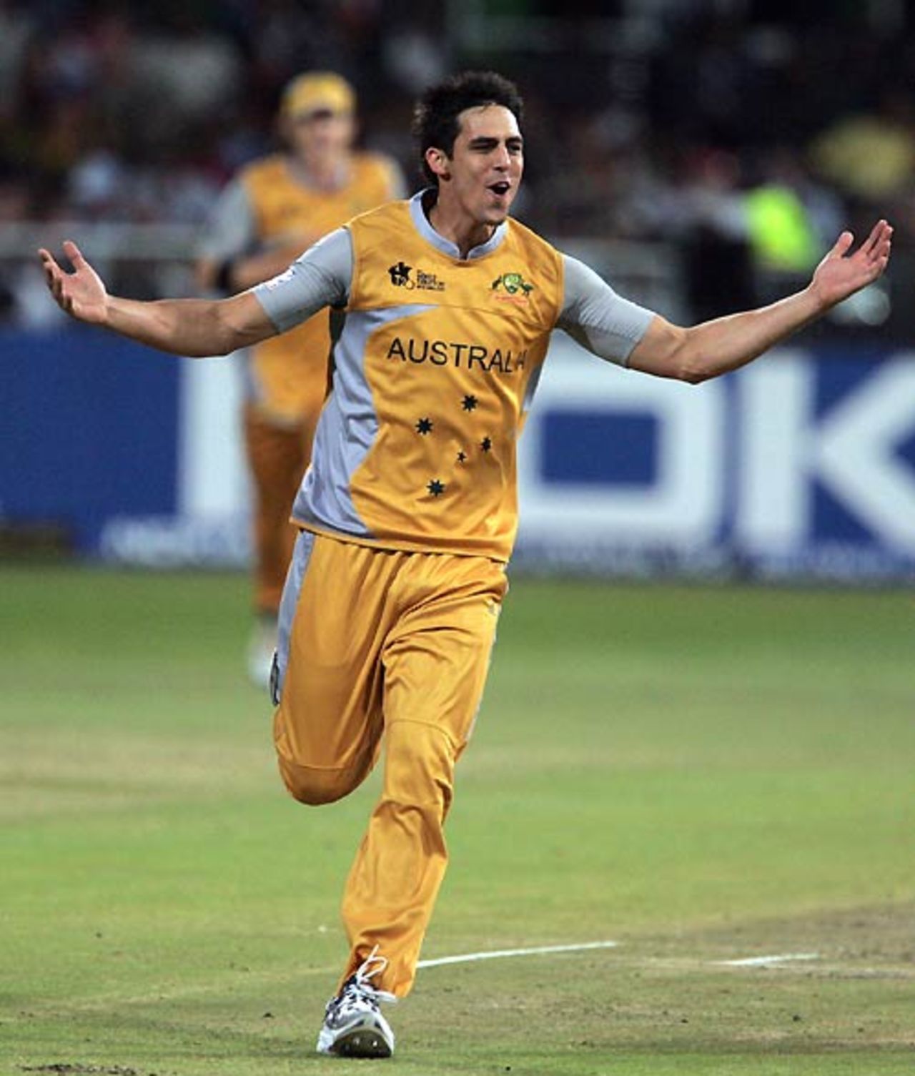 Mitchell Johnson celebrates one of his early strikes, Australia v India, 2nd semi-final, ICC World Twenty20, Durban, September 22, 2007