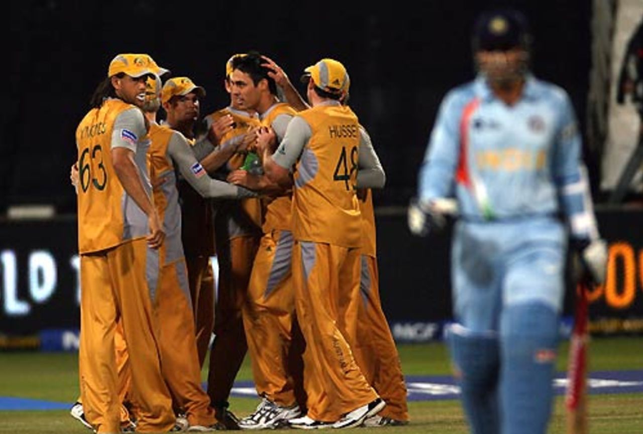The Australians celebrate as Mitchell Johnson dismisses Virender Sehwag, Australia v India, 2nd semi-final, ICC World Twenty20, Durban, September 22, 2007