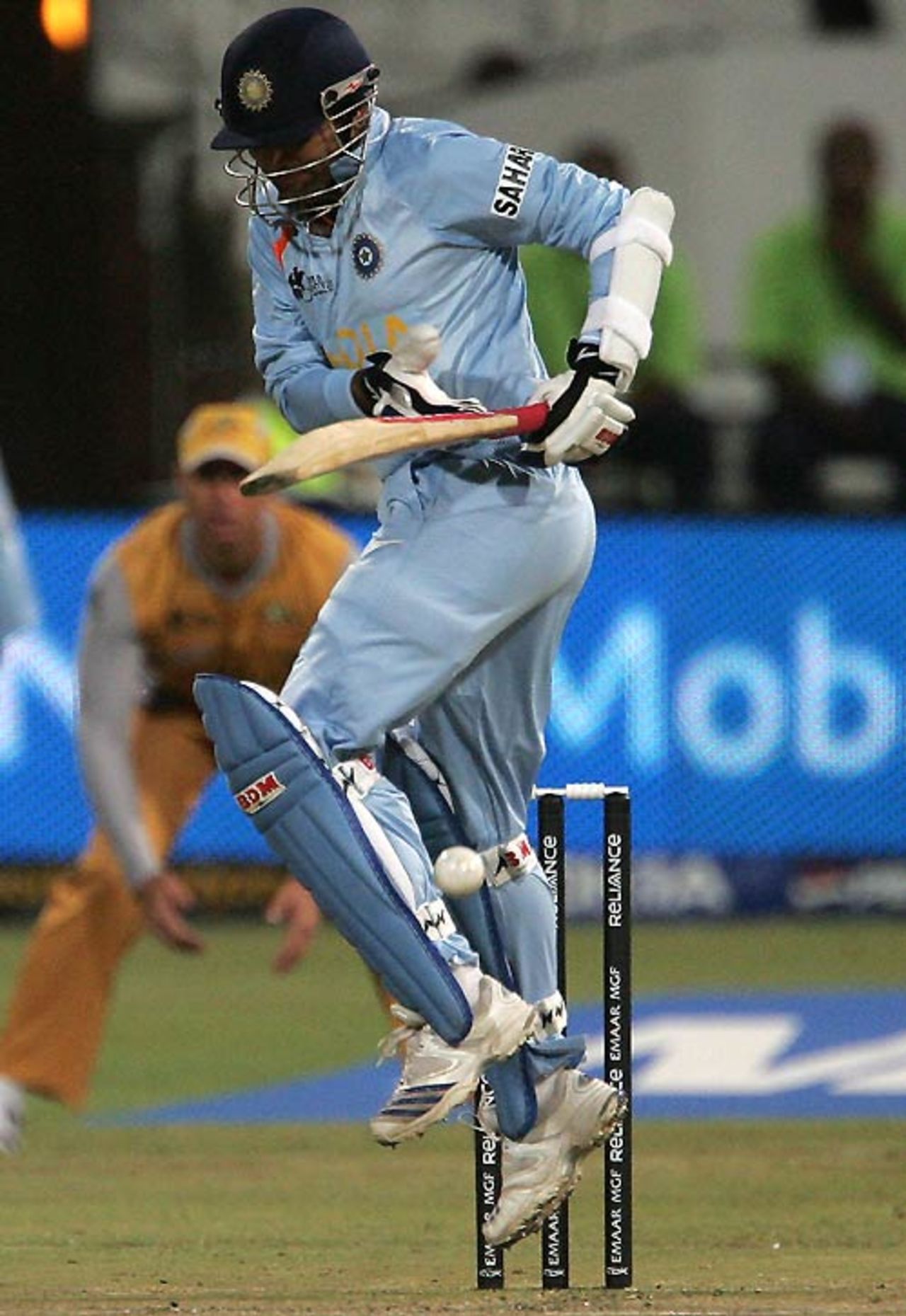 Virender Sehwag tries to fend off a steep delivery, Australia v India, 2nd semi-final, ICC World Twenty20, Durban, September 22, 2007