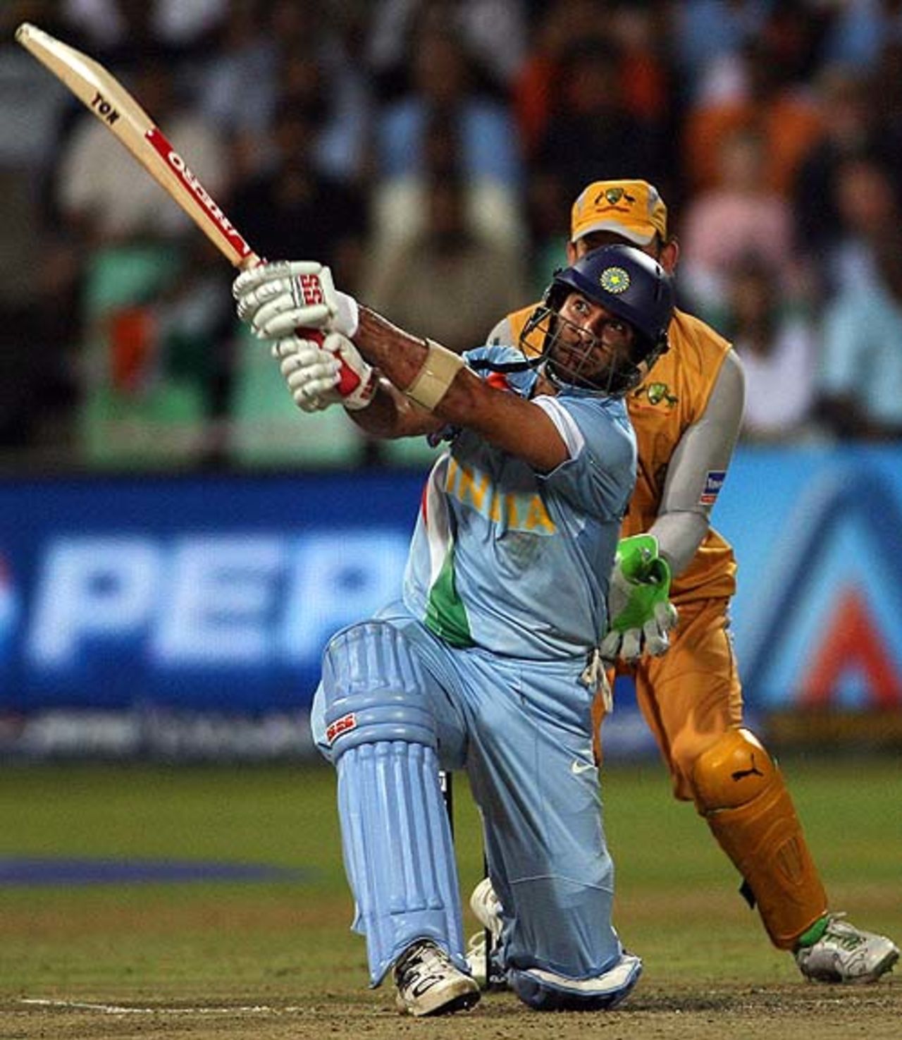 Yuvraj Singh heaves one over the leg-side boundary, Australia v India, 2nd semi-final, ICC World Twenty20, Durban, September 22, 2007