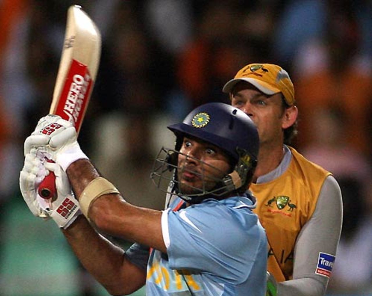 Yuvraj Singh launches into one of his five sixes, Australia v India, 2nd semi-final, ICC World Twenty20, Durban, September 22, 2007