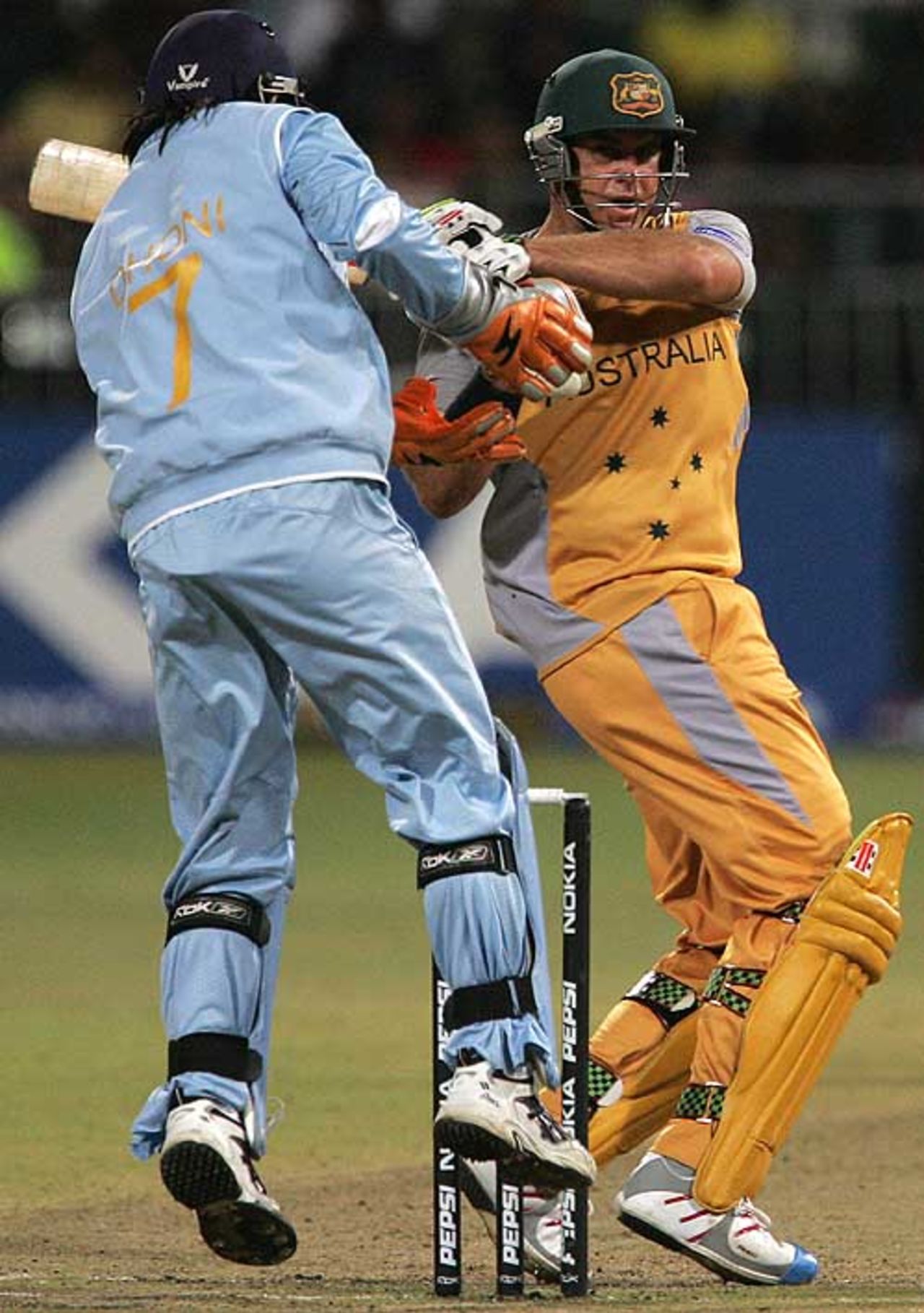 Mahendra Singh Dhoni collects the ball after Matthew Hayden misses out, Australia v India, 2nd semi-final, ICC World Twenty20, Durban, September 22, 2007
