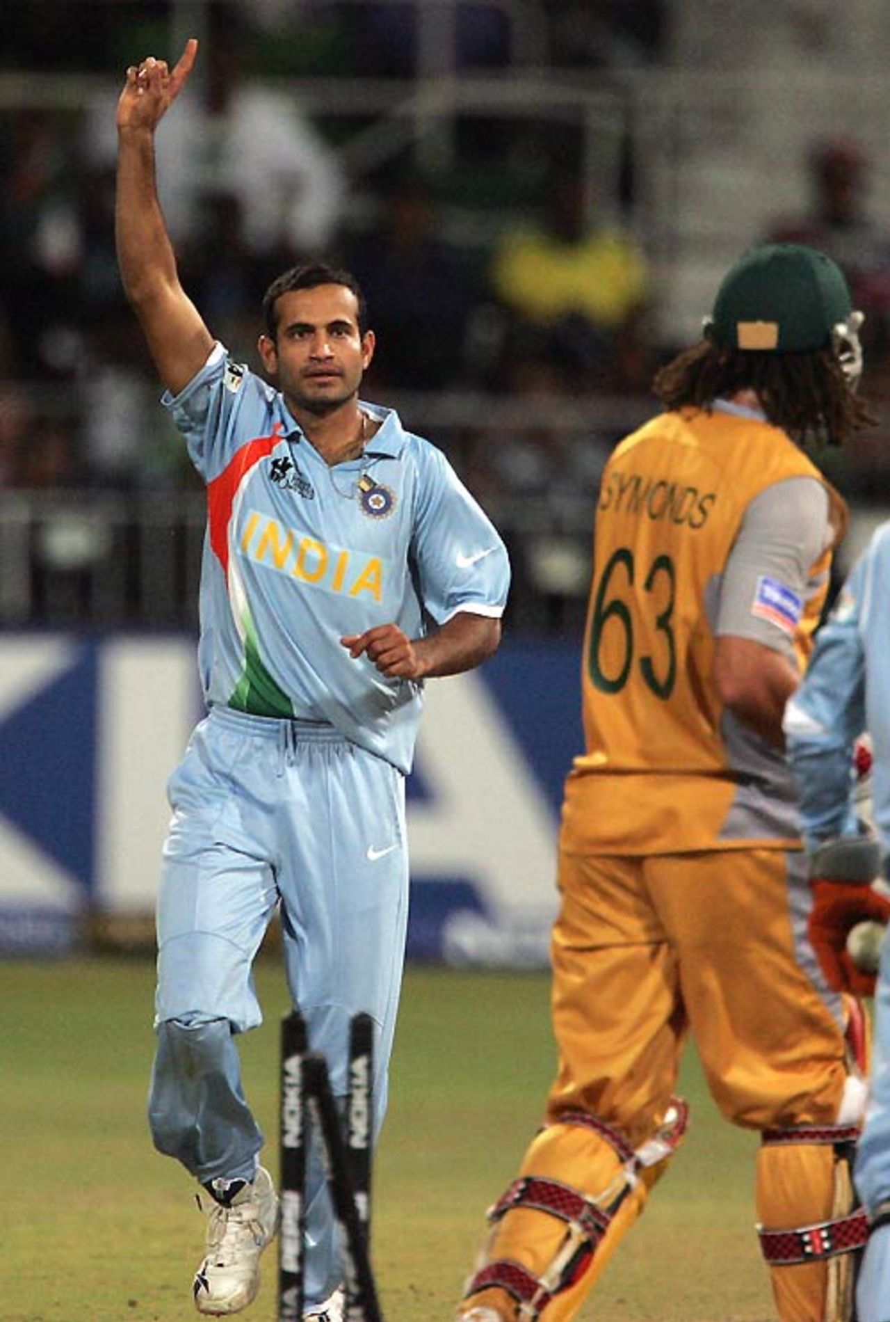 Irfan Pathan pegs back Andrew Symonds' off stump, Australia v India, 2nd semi-final, ICC World Twenty20, Durban, September 22, 2007