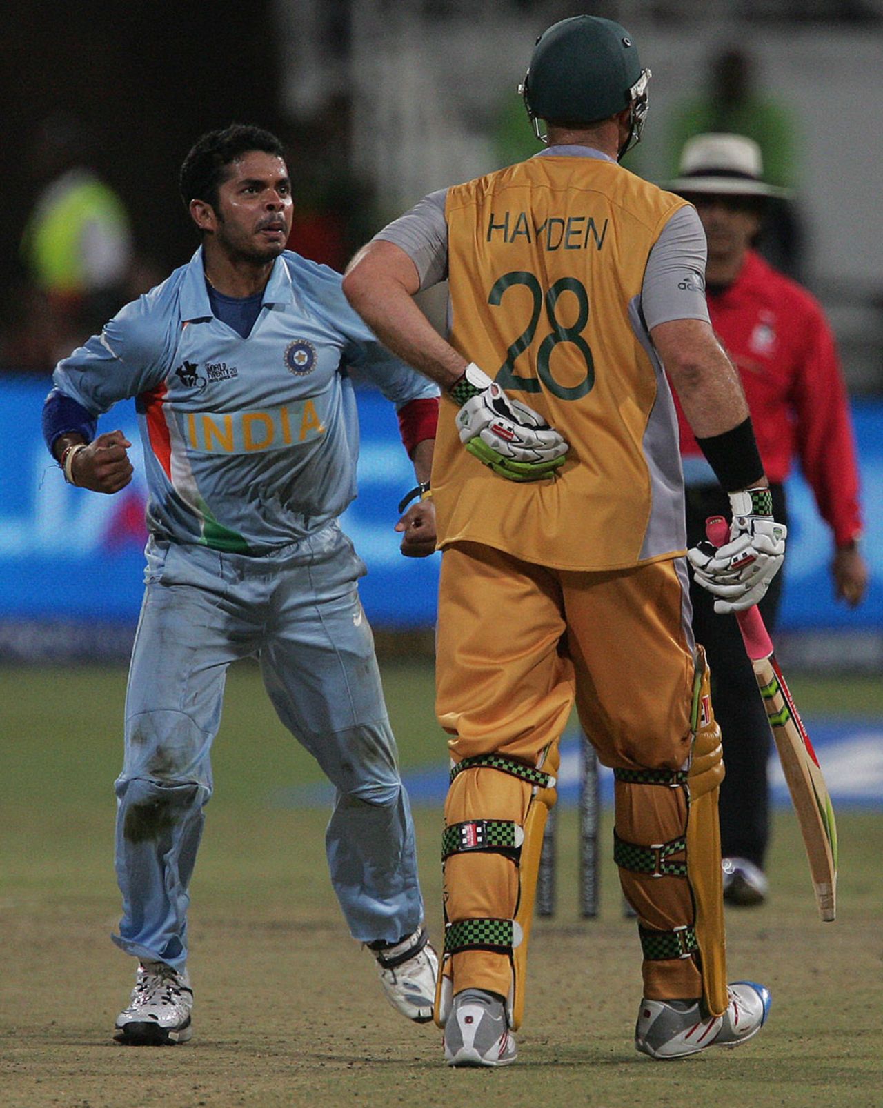The ever excitable Sreesanth gives Matthew Hayden a send-off, Australia v India, 2nd semi-final, ICC World Twenty20, Durban, September 22, 2007
