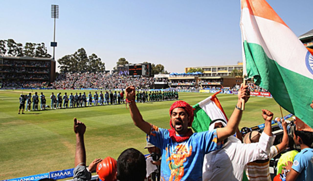 An India fan roars his support as the teams line up for the anthems, India v Pakistan, ICC World Twenty20 final, Johannesburg, September 24, 2007