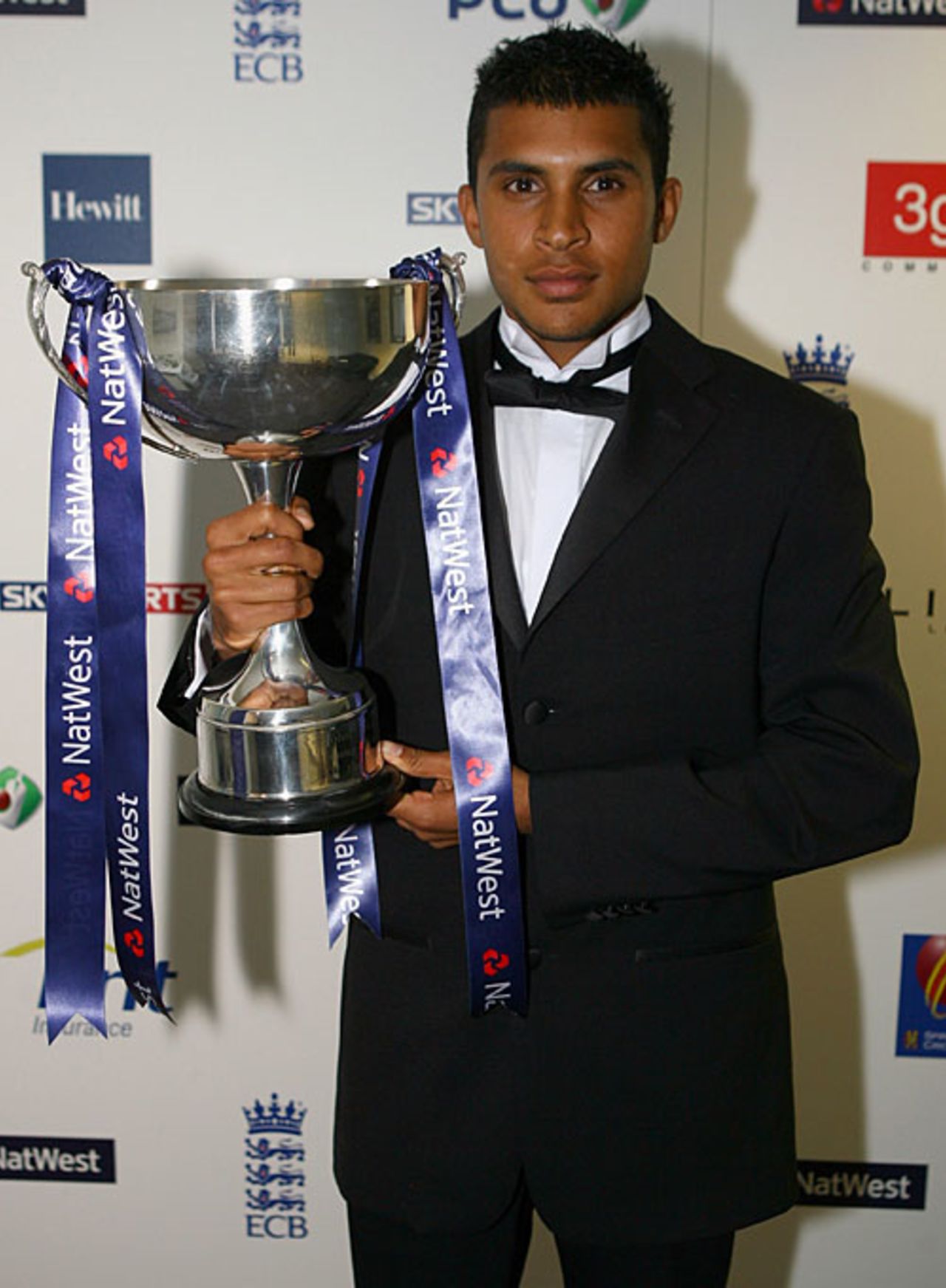 Adil Rashid with his Young-Player-of-the-Year award at the annual PCA Awards Dinner at the Albert Hall, London, September 24, 2007