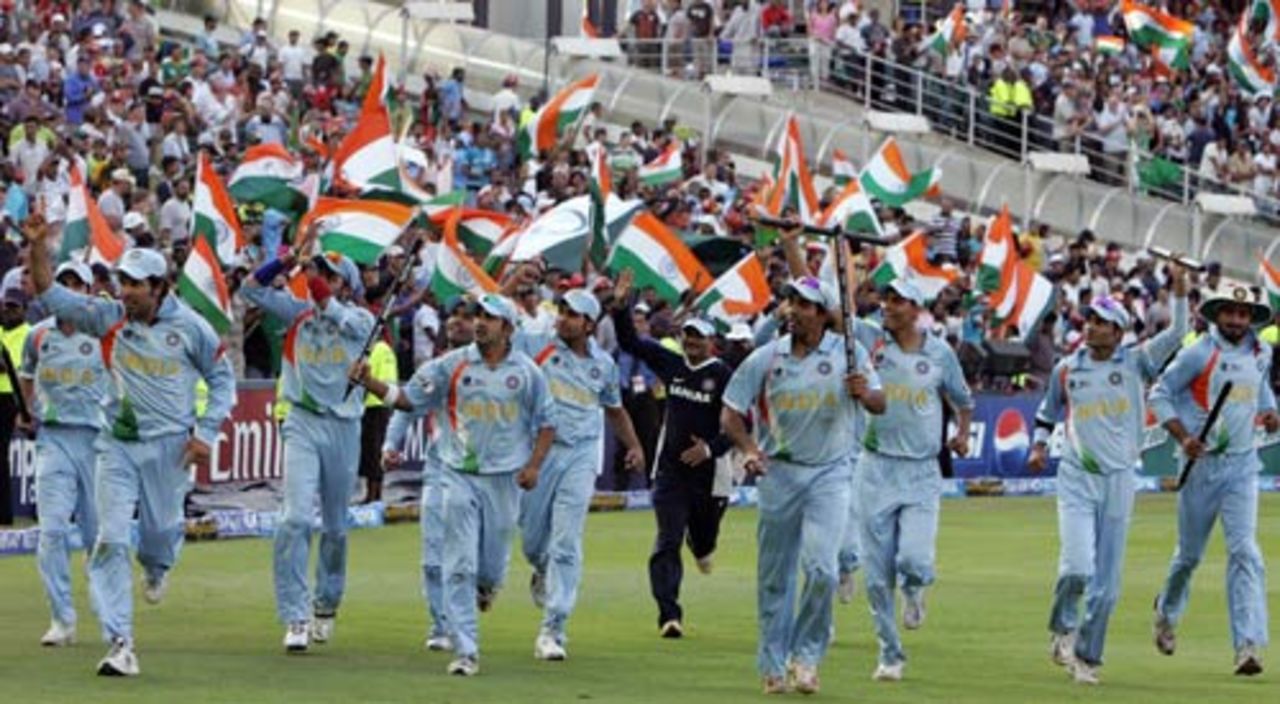 The flag bearers: Indian team celebrate their victory over Pakistan, Johannesburg, September 24, 2007