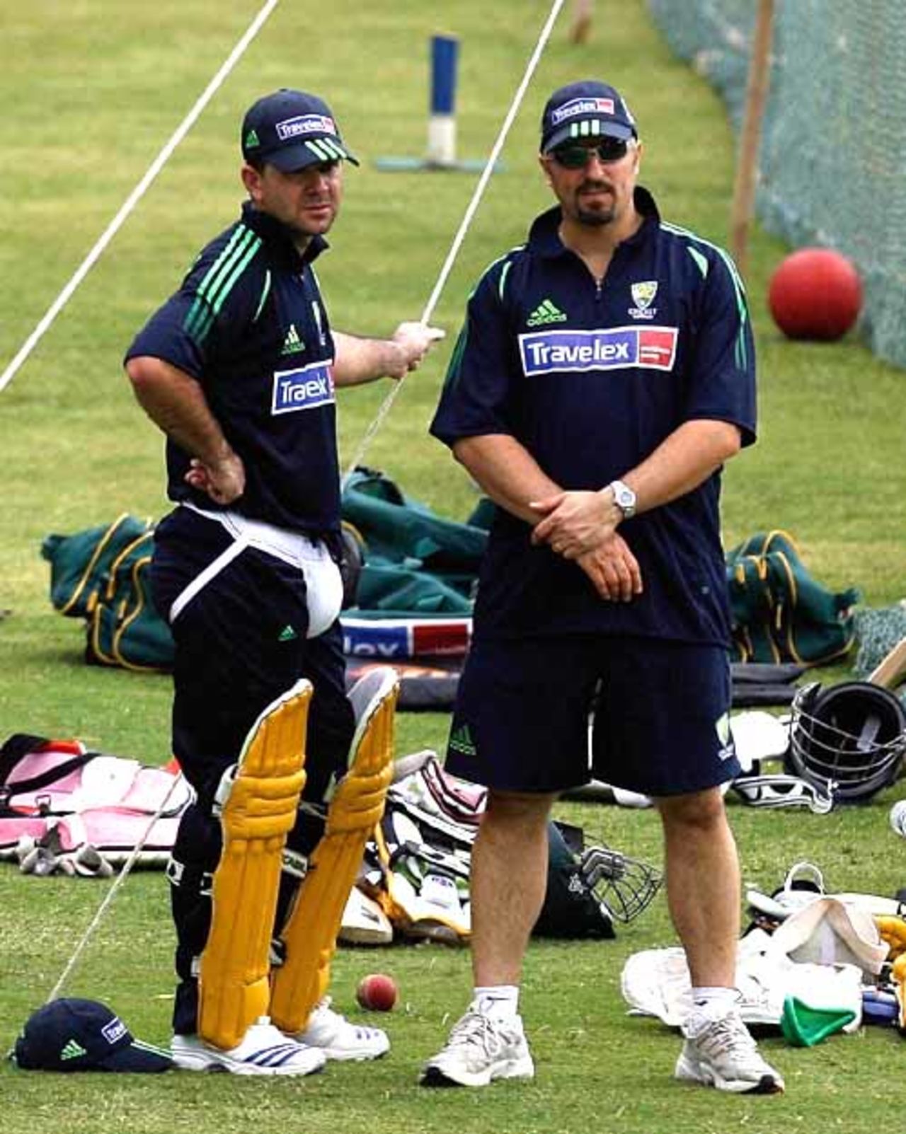 Ricky Ponting and Alex Kountouris, the team physiotherapist,  look on as the Australian team practise at the nets, India v Australia ODI series, M Chinnaswamy Stadium, Bangalore, September 27, 2007