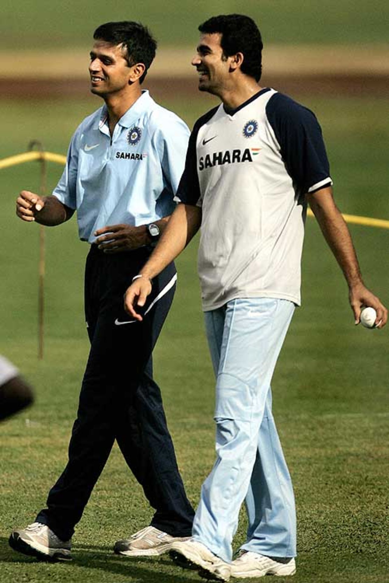 Rahul Dravid and Zaheer Khan share a laugh during nets, India v Australia ODI series, M Chinnaswamy Stadium, Bangalore, September 27, 2007