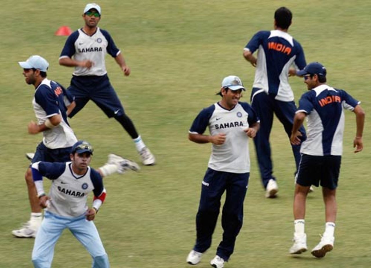 Hop, skip and jump: Indian players warm-up before the nets session, India v Australia ODI series, M Chinnaswamy Stadium, Bangalore, September 28, 2007