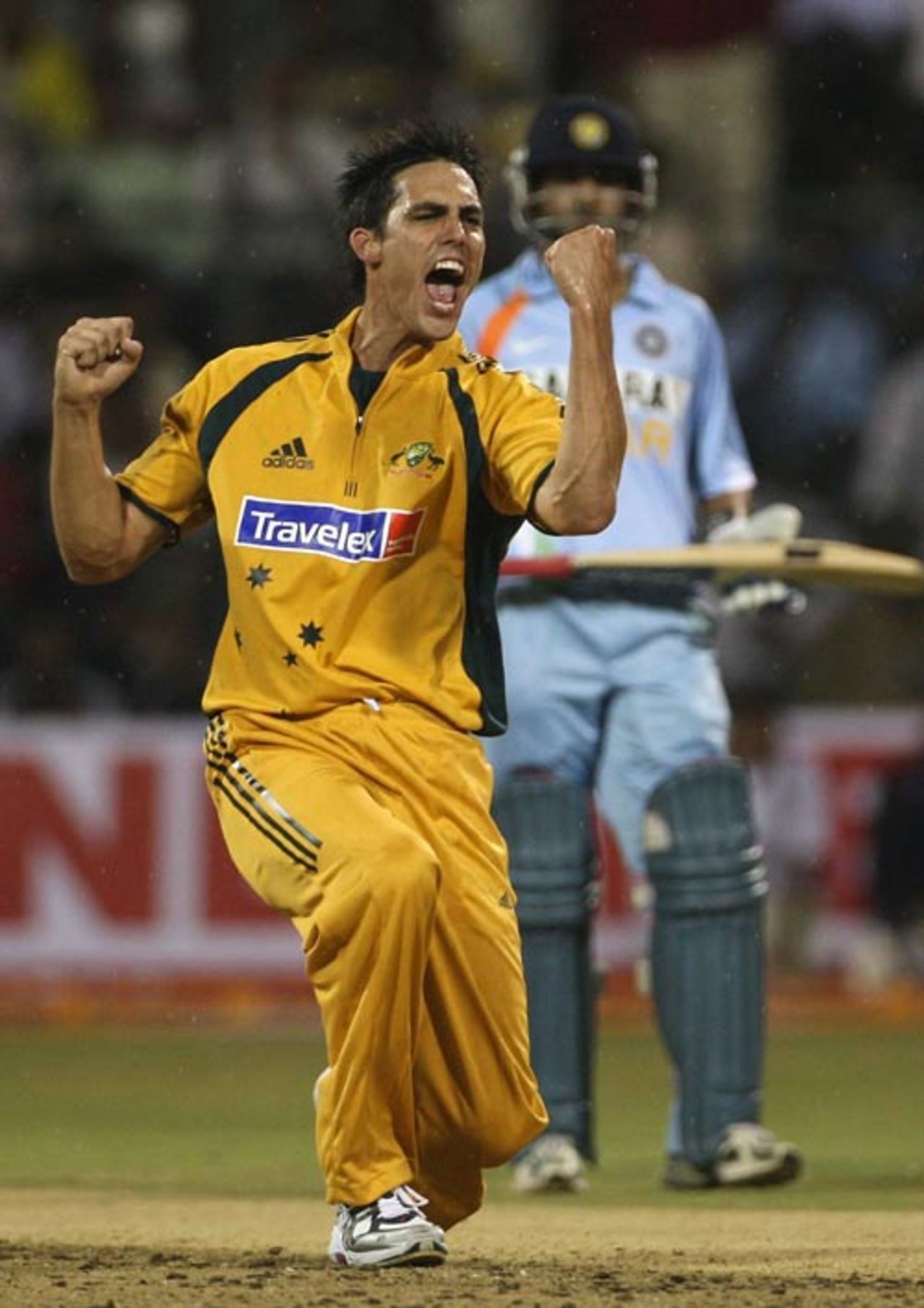 Mitchell Johnson exults after dismissing Sachin Tendulkar, India v Australia, 1st ODI, Bangalore, September 29, 2007