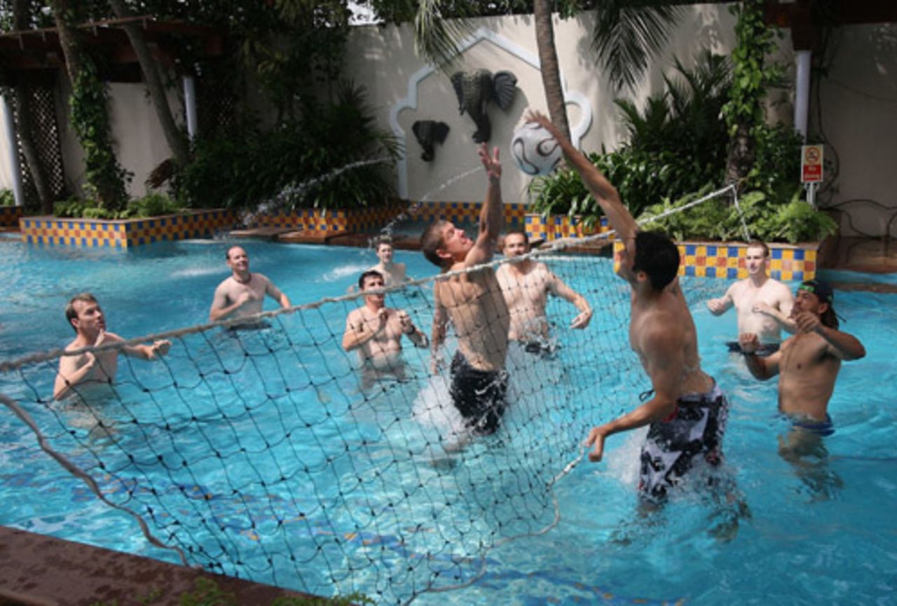 The Australian squad enjoy a game of water volleyball after their practice session was washed out, Kochi, October 1, 2007