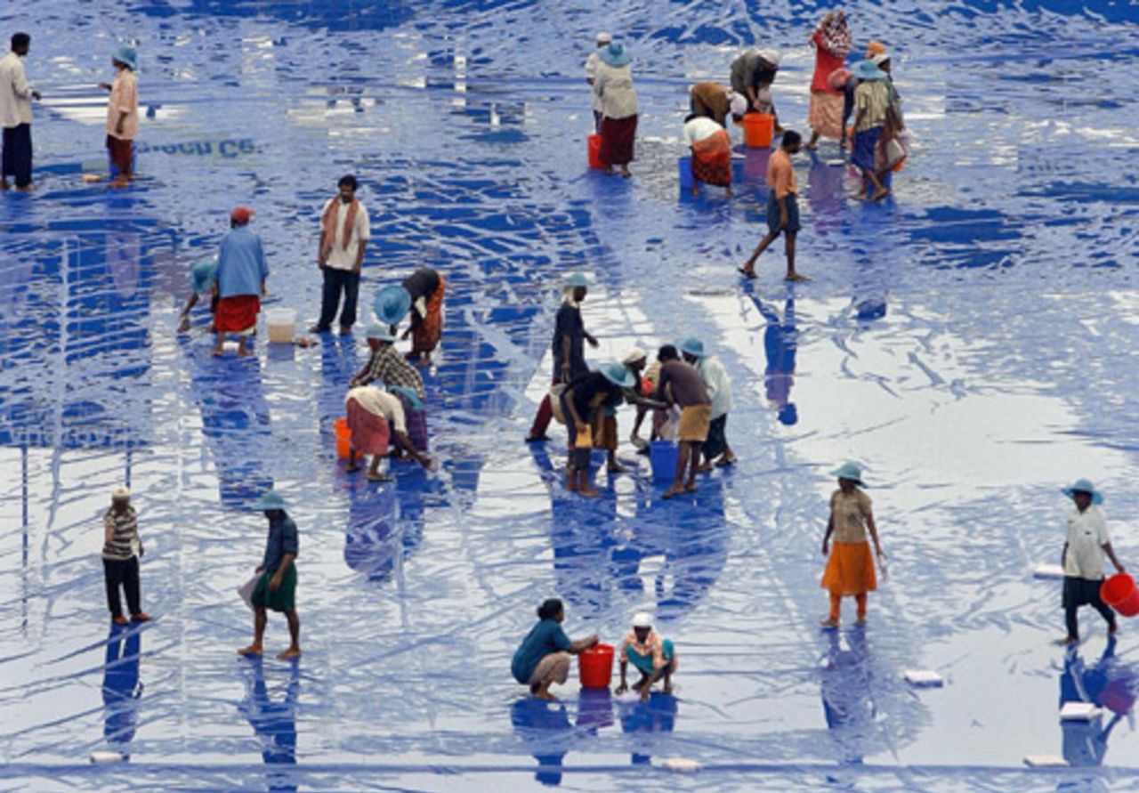 The ground staff busy at work at the Jawaharlal Nehru stadium in Kochi, October 1, 2007