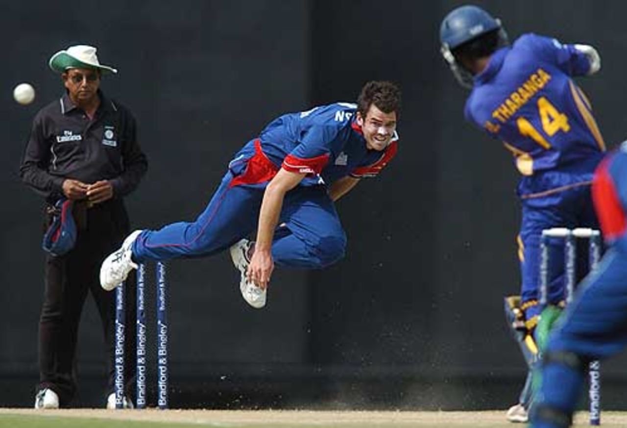 James Anderson goes airborne in his attempt to break through for England, Sri Lanka v England, 1st ODI, Dambulla, October 1, 2007