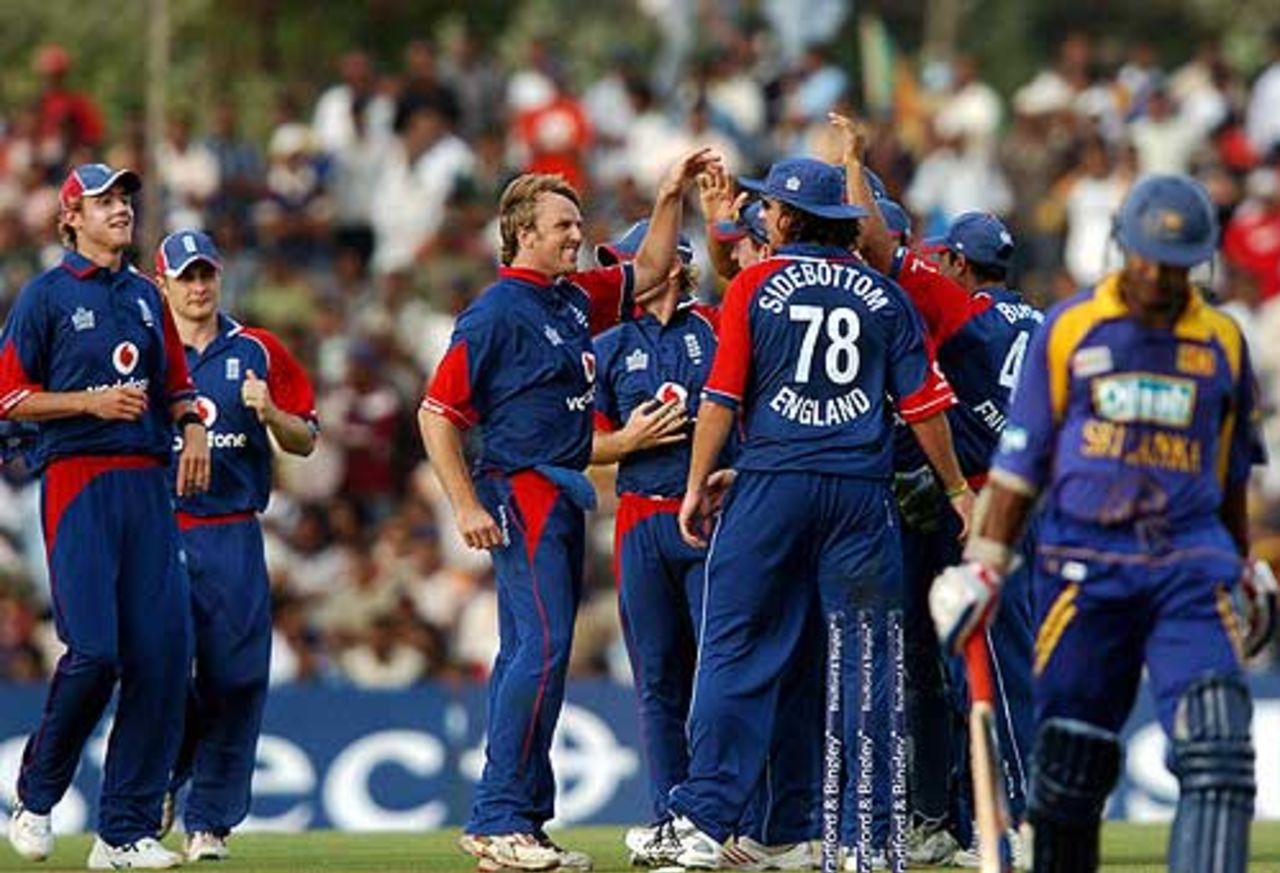 Graeme Swann celebrates his maiden international wicket as Kumar Sangakkara departs, Sri Lanka v England, 1st ODI, Dambulla, October 1, 2007