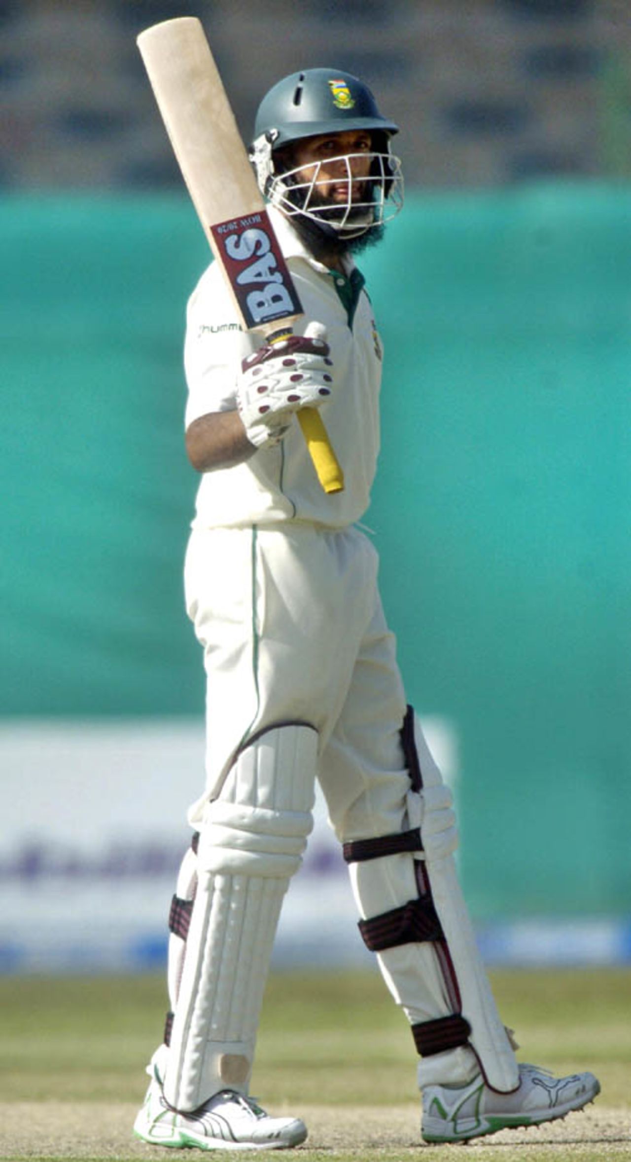 Hashim Amla raises his bat after reaching his fifty, Pakistan v South Africa, 1st Test, Karachi, 1st day, October 1, 2007