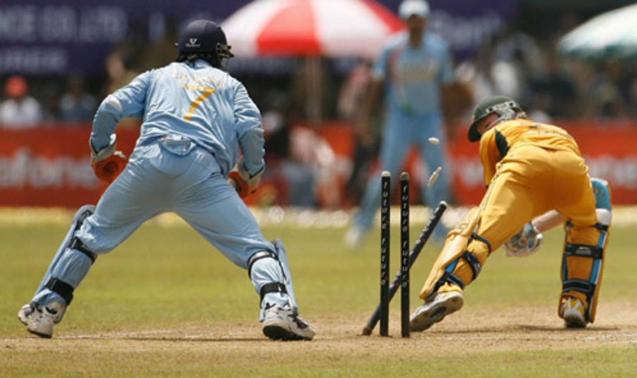 Mahendra Singh Dhoni effects a smart stumping to remove Micheal Clarke, India v Australia, 2nd ODI, Kochi, October 2, 2007 