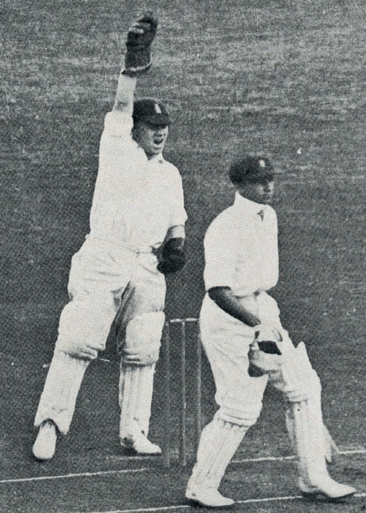 George Duckworth barks an appeal against Don Bradman, England v Australia, The Oval, August 12, 1930