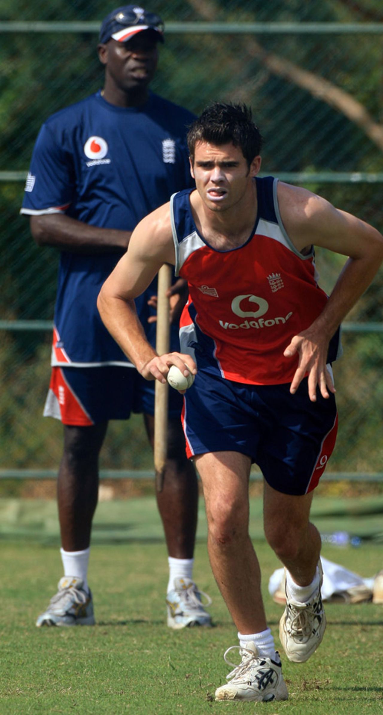 Ottis Gibson watches James Anderson bowl in a net session, Dambulla, October 3, 2007