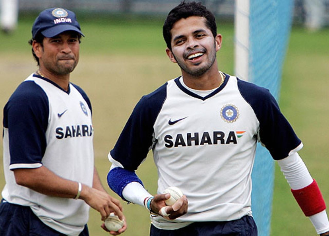 Sachin Tendulkar and Sreesanth see the funny side of things during practice, India v Australia ODI series, Rajiv Gandhi International Stadium, Hyderabad, October 4, 2007