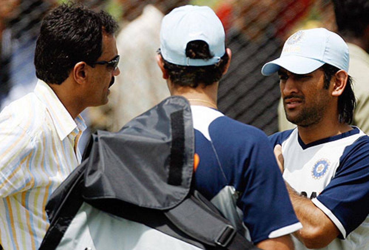 Dilip Vengsarkar, Mahendra Singh Dhoni and Yuvraj Singh have a discussion, India v Australia ODI series, Rajiv Gandhi International Stadium, Hyderabad, October 4, 2007