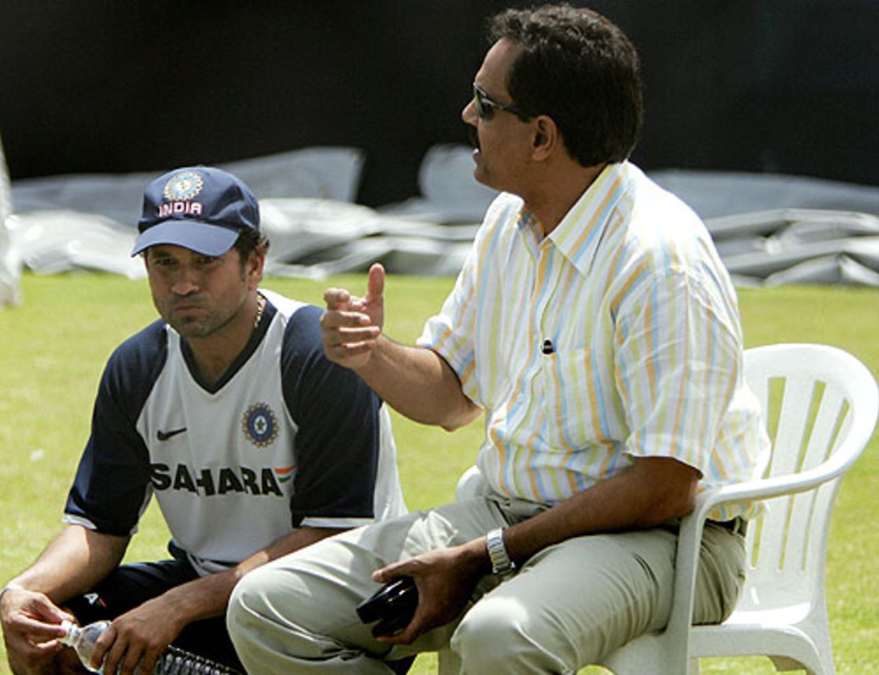 Dilip Vengsarkar, India's chief selector, has a chat with Sachin Tendulkar, India v Australia ODI series, Rajiv Gandhi International Stadium, Hyderabad, October 4, 2007