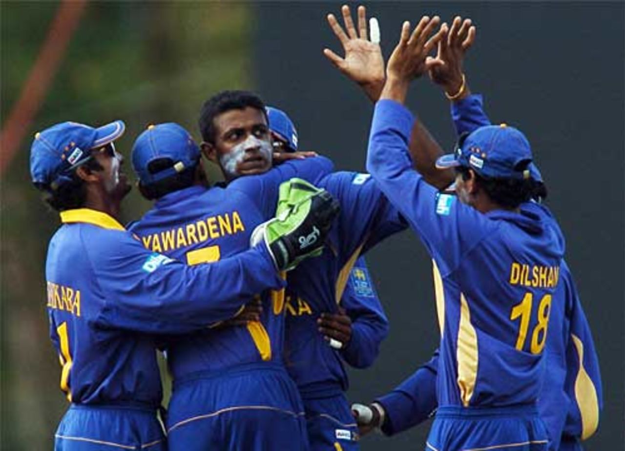 Farveez Maharoof is congratulated on another wicket, Sri Lanka v England, 2nd ODi, Dambulla, October 4, 2007