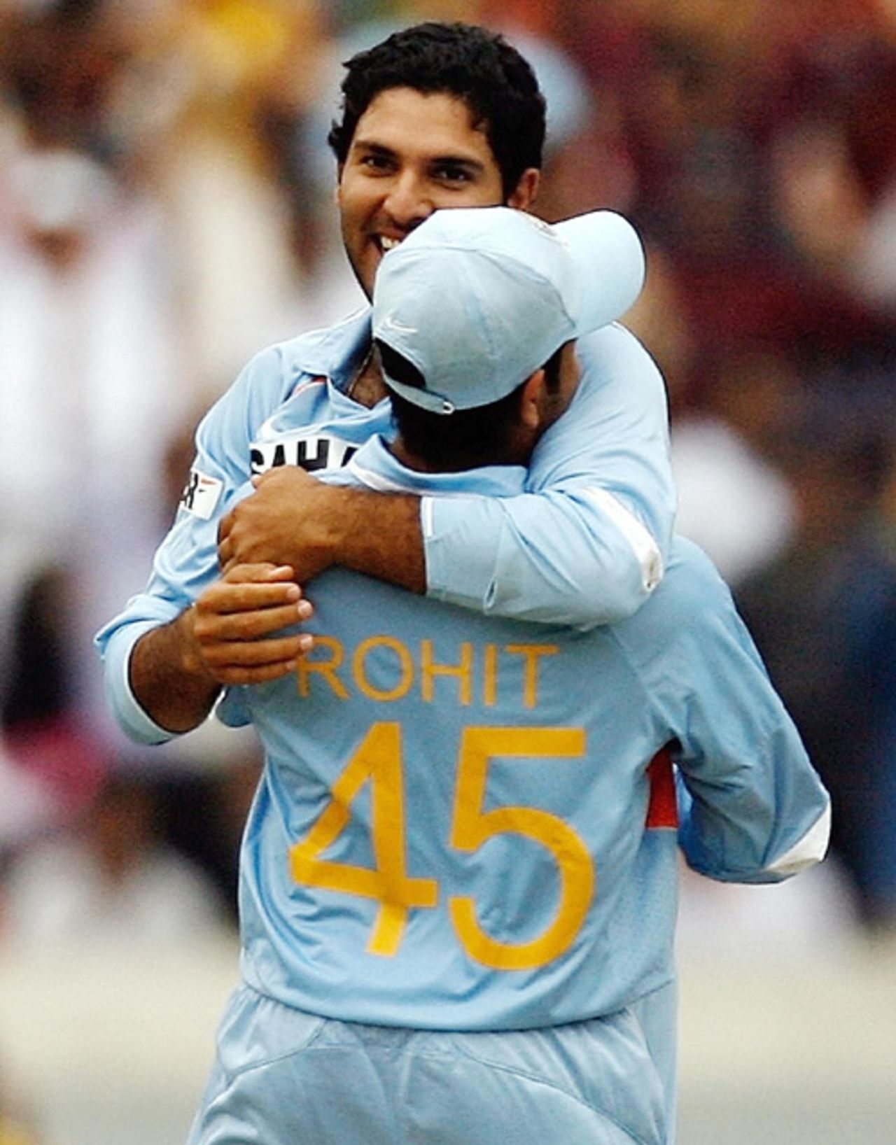 Rohit Sharma and Yuvraj Singh celebrate Ricky Ponting's dismissal, India v Australia, 3rd ODI, Hyderabad, October 5, 2007