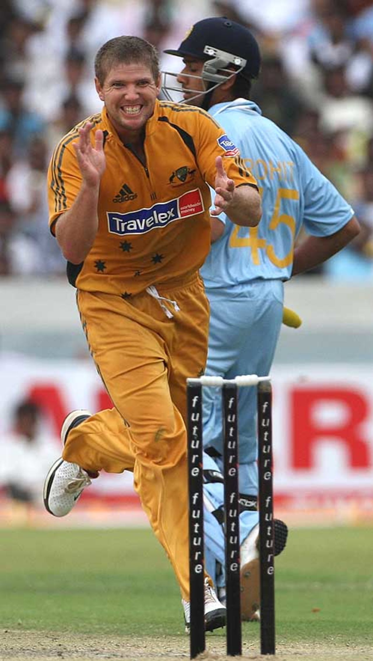 James Hopes is delighted after dismissing Rohit Sharma for 1, India v Australia, 3rd ODI, Hyderabad, October 5, 2007