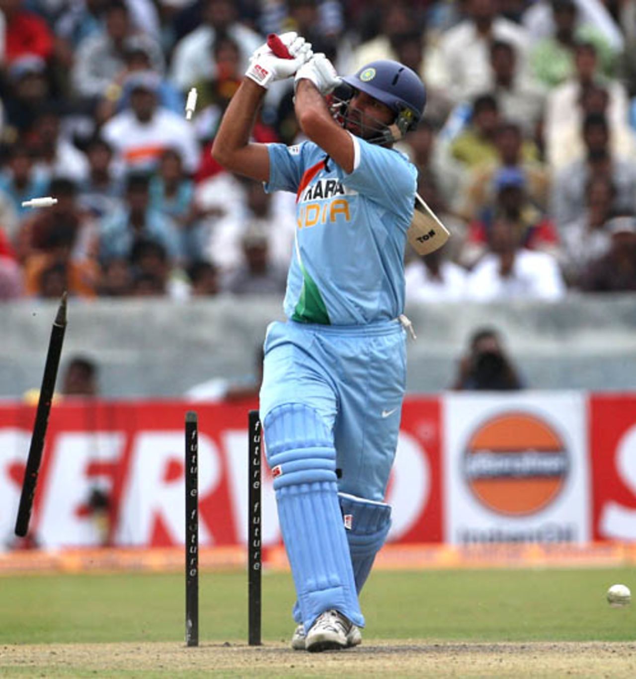 Yuvraj Singh is out for 121 after missing a Mitchell Johnson delivery, India v Australia, 3rd ODI, Hyderabad, October 5, 2007