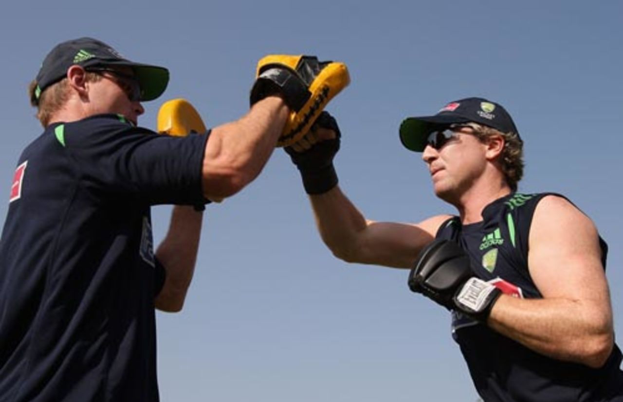 Brad Haddin boxes with Australia's strength and conditioning coach, Justin Cordy, Chandigarh, October 7, 2007 