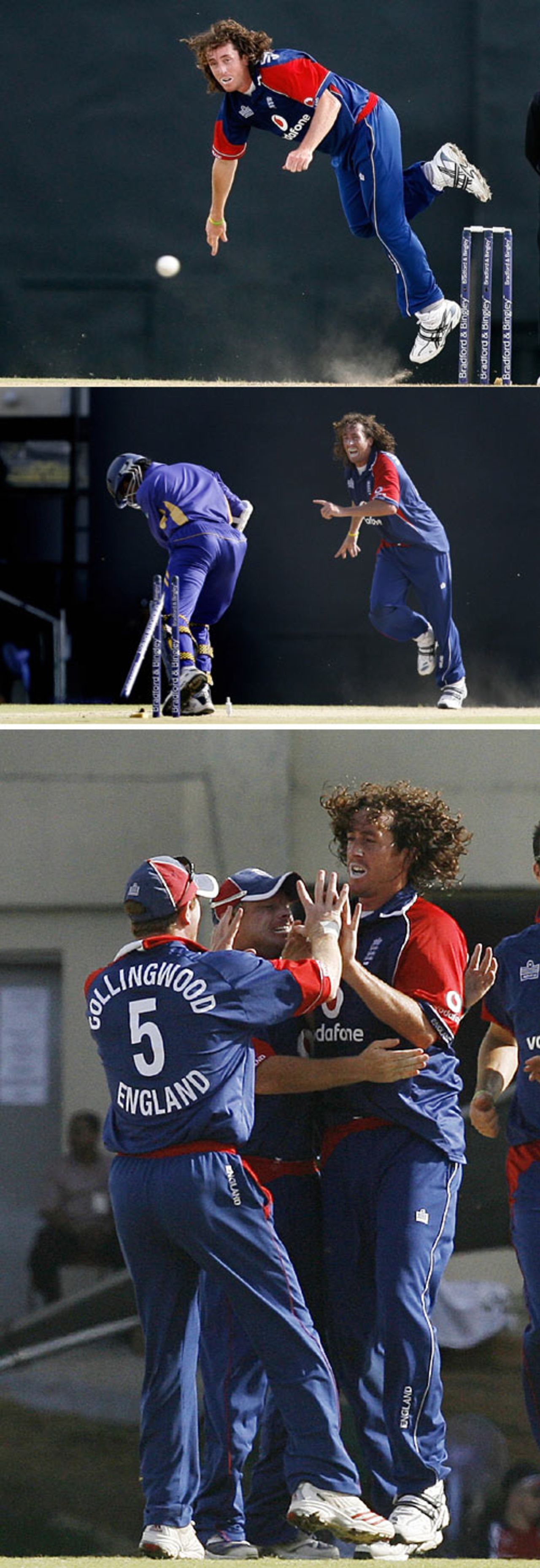 A collage of Ryan Sidebottom bowling Upul Tharanga, Sri Lanka v England, 3rd ODI, Dambulla, October 7, 2007