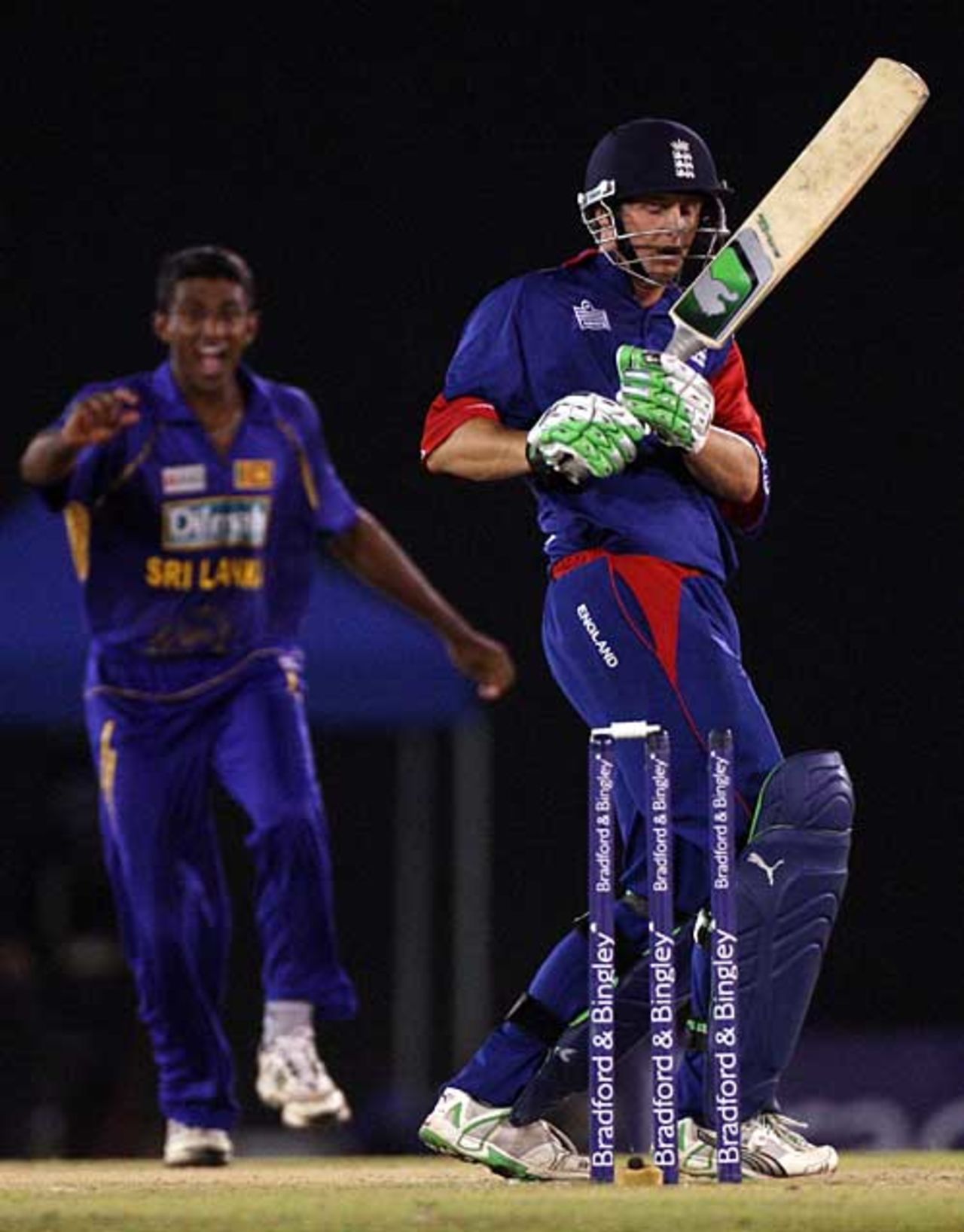 Phil Mustard drags a ball onto his leg stump against Farveez Maharoof, Sri Lanka v England, 3rd ODI, Dambulla, October 7, 2007