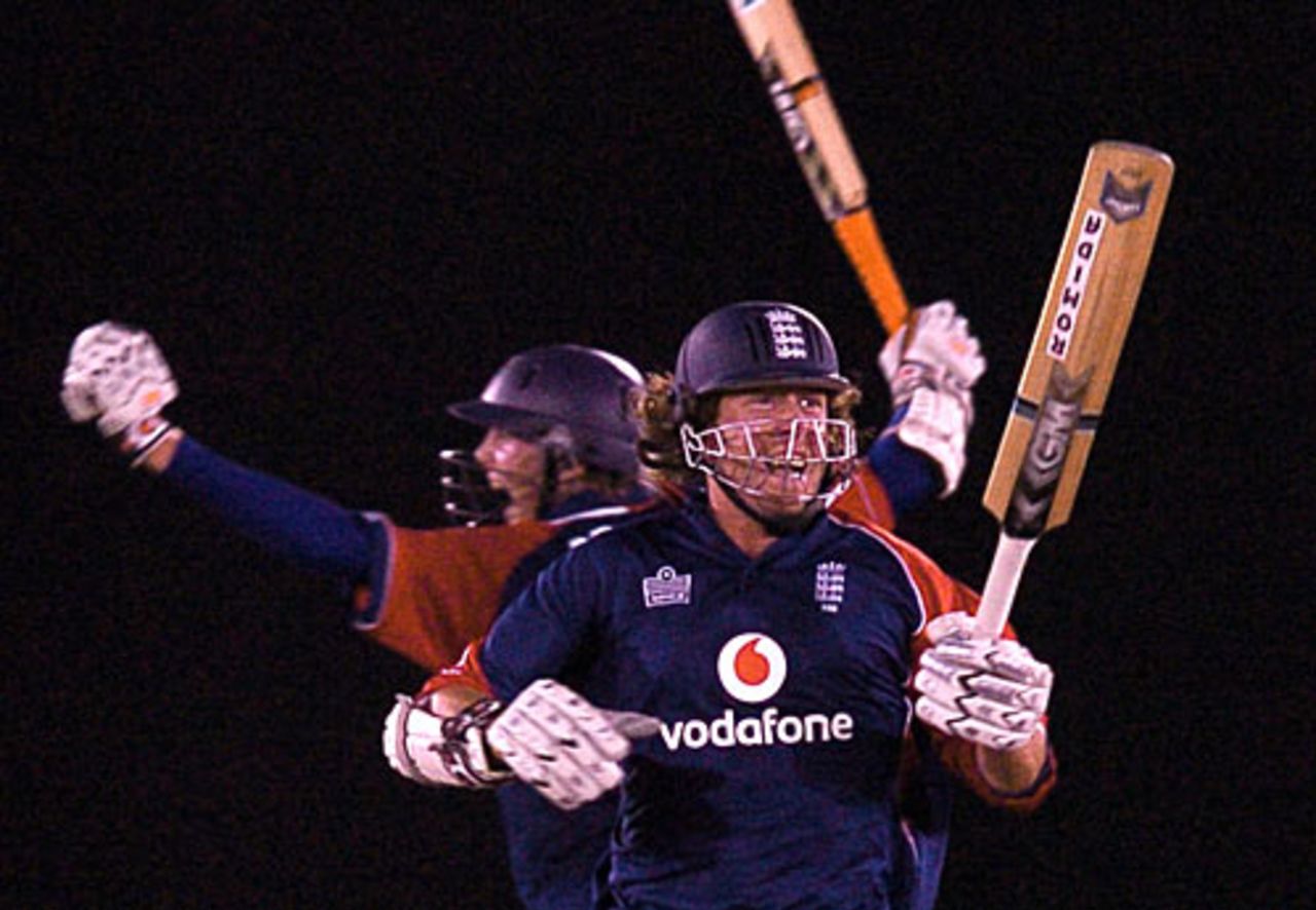 Ryan Sidebottom celebrates England's tense win with Stuart Broad, Sri Lanka v England, 3rd ODI, Dambulla, October 7, 2007