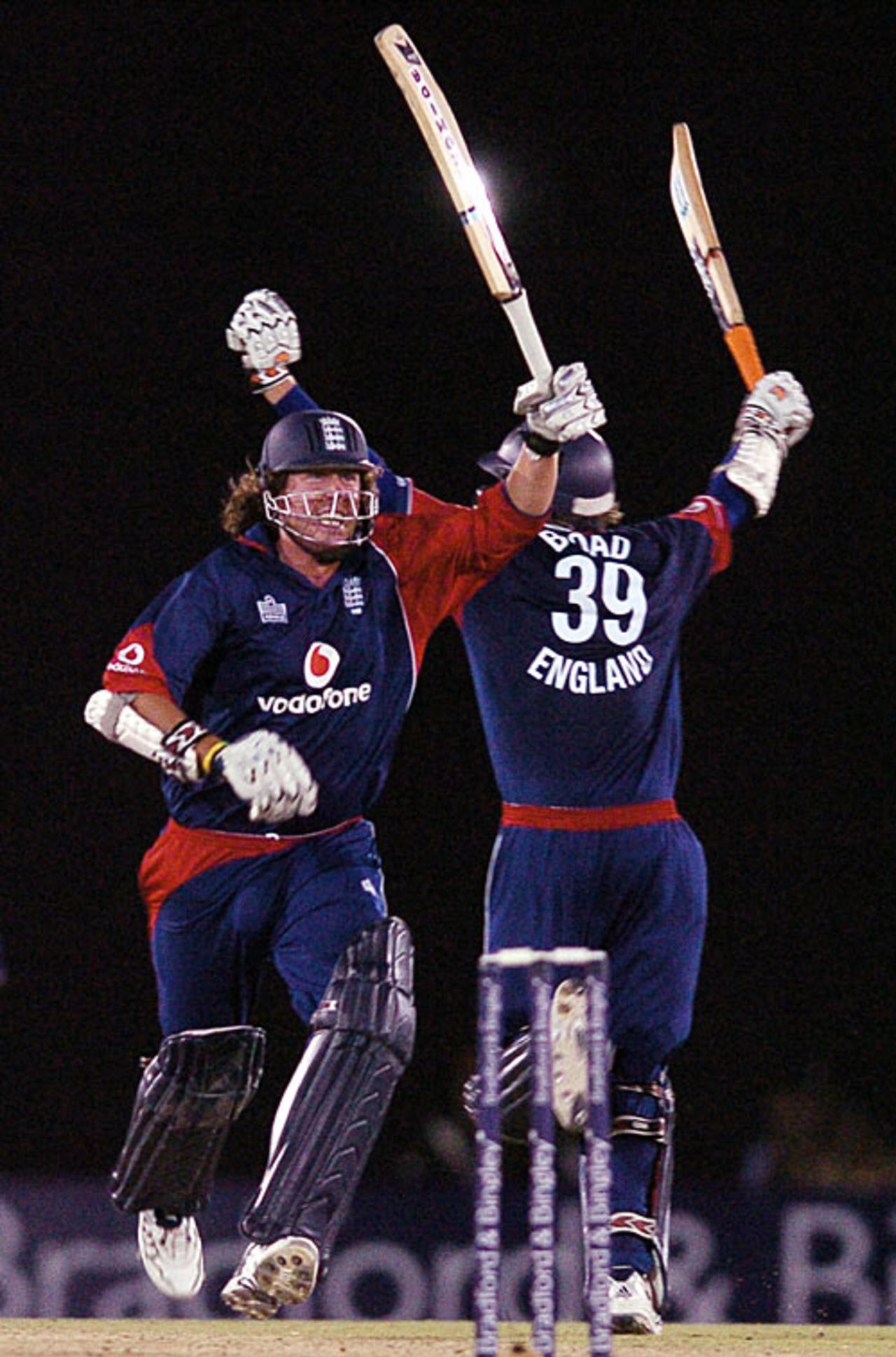 Arms aloft, Ryan Sidebottom and Stuart Broad celebrate England's two-wicket win over Sri Lanka, Sri Lanka v England, 3rd ODI, Dambulla, October 7, 2007